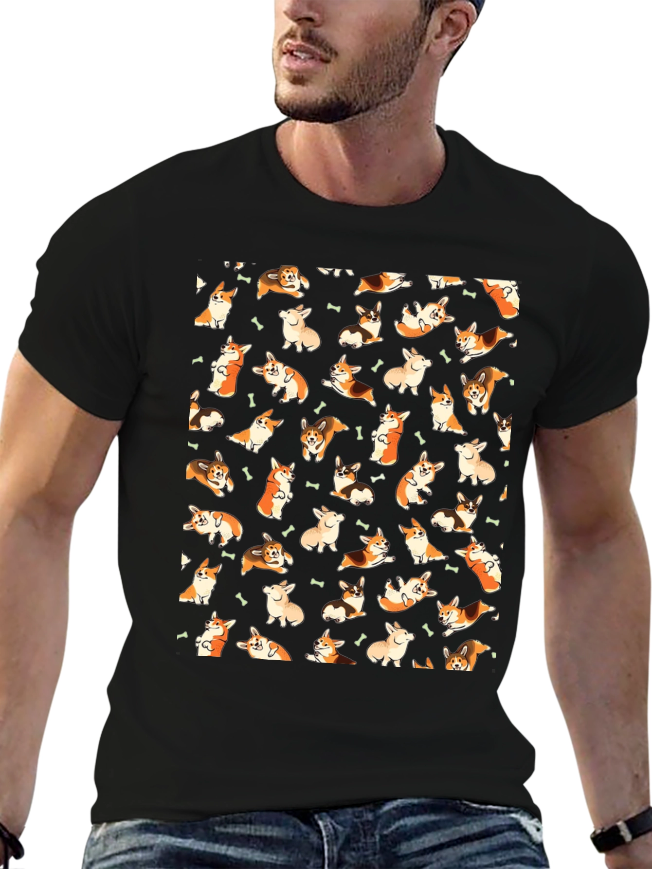 Corgi Print Black T-Shirt
