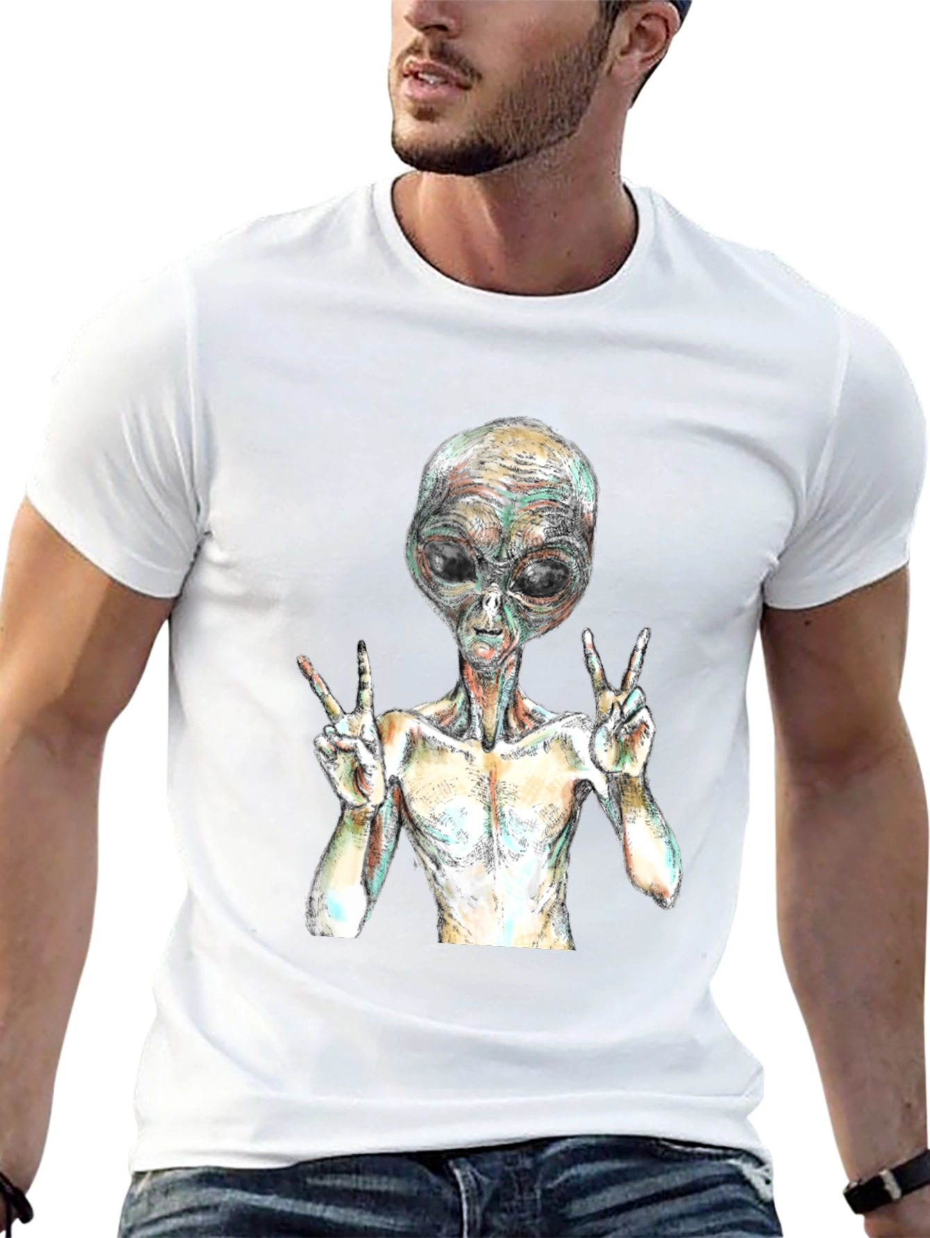 Alien Peace Sign Graphic T-Shirt - Black