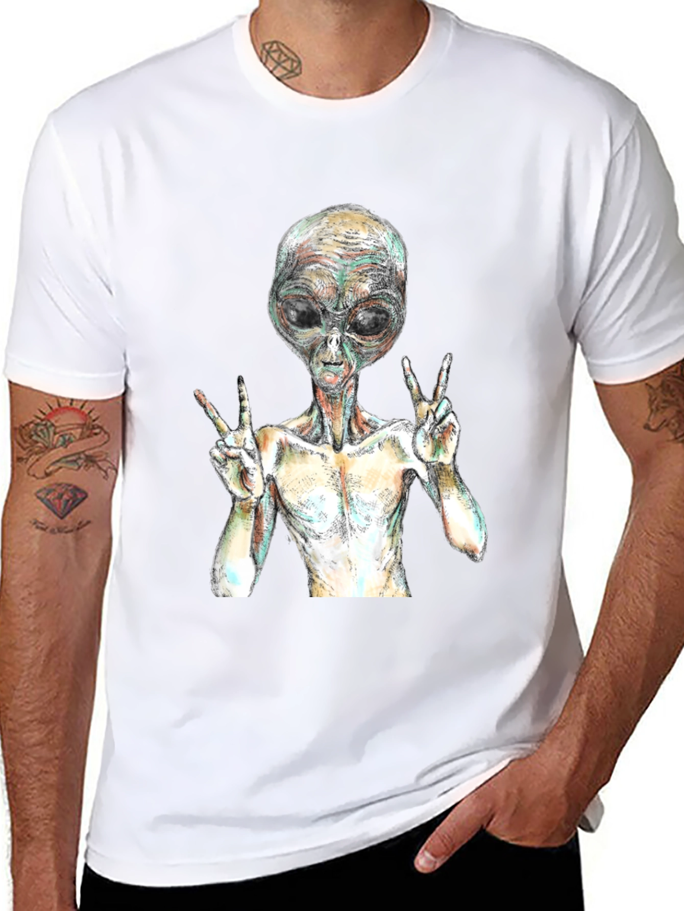 Alien Peace Sign Graphic T-Shirt - Black