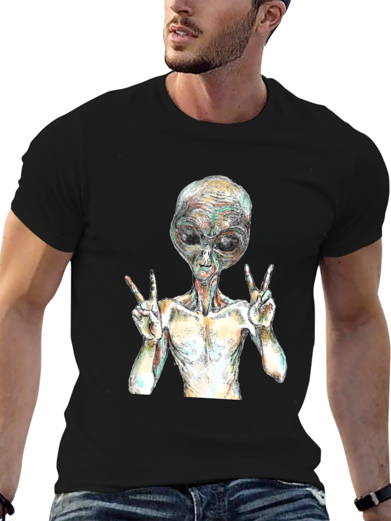 Alien Peace Sign Graphic T-Shirt - Black