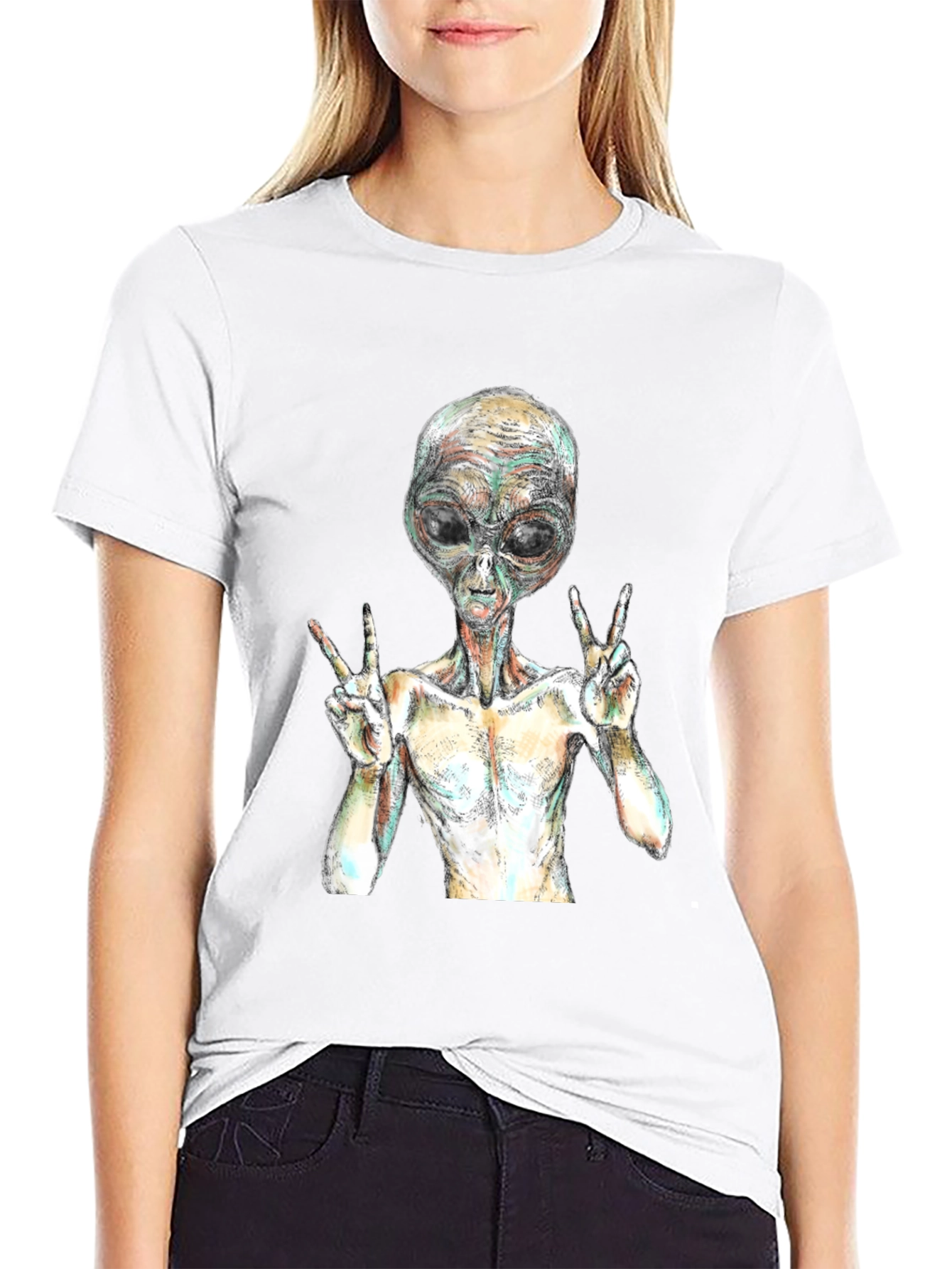 Alien Peace Sign Graphic T-Shirt - Black