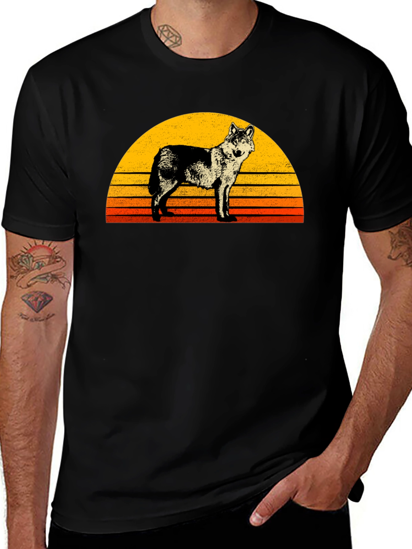 Retro Wolf Sunset Graphic Tee - Black