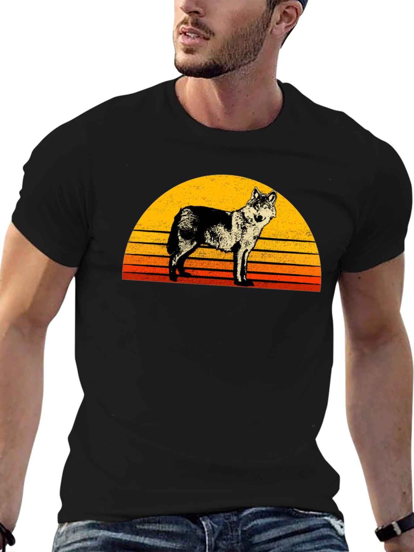 Retro Wolf Sunset Graphic Tee - Black