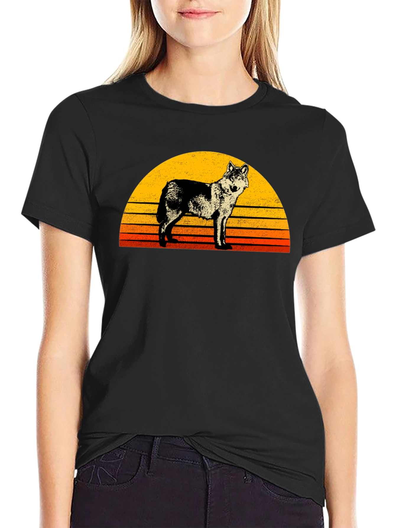 Retro Wolf Sunset Graphic Tee - Black
