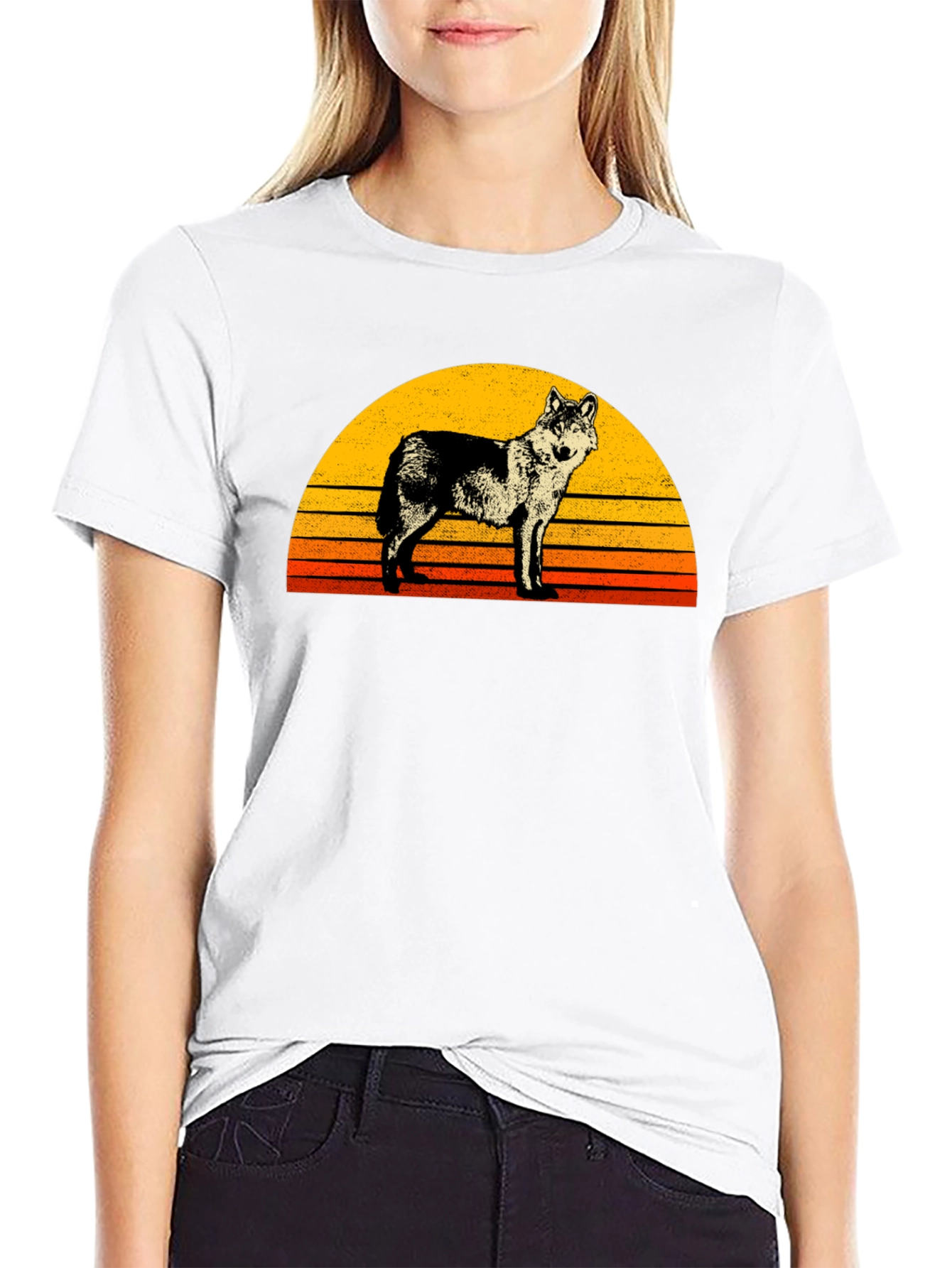 Retro Wolf Sunset Graphic Tee - Black