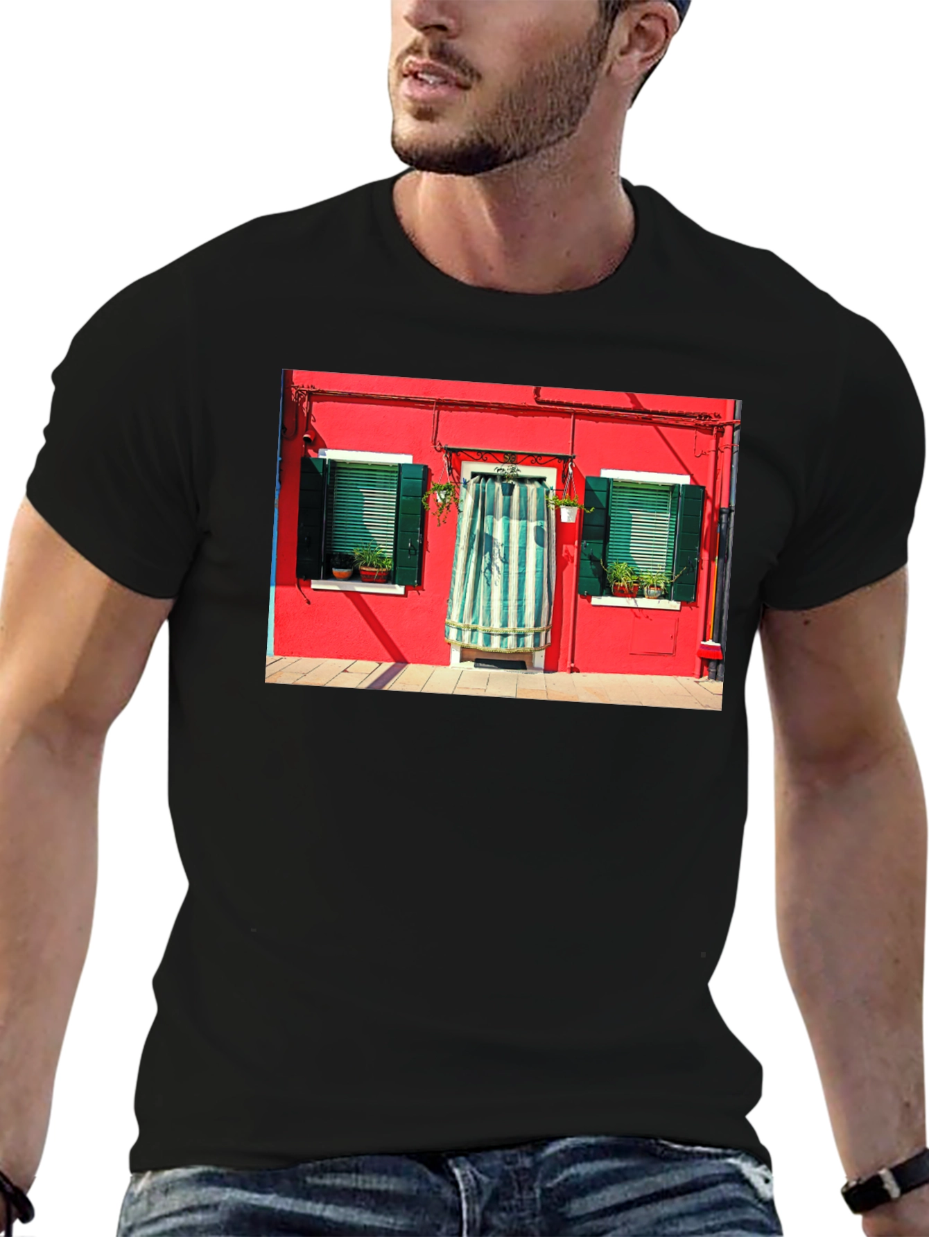 Burano Italy House T-Shirt Black Crew Neck