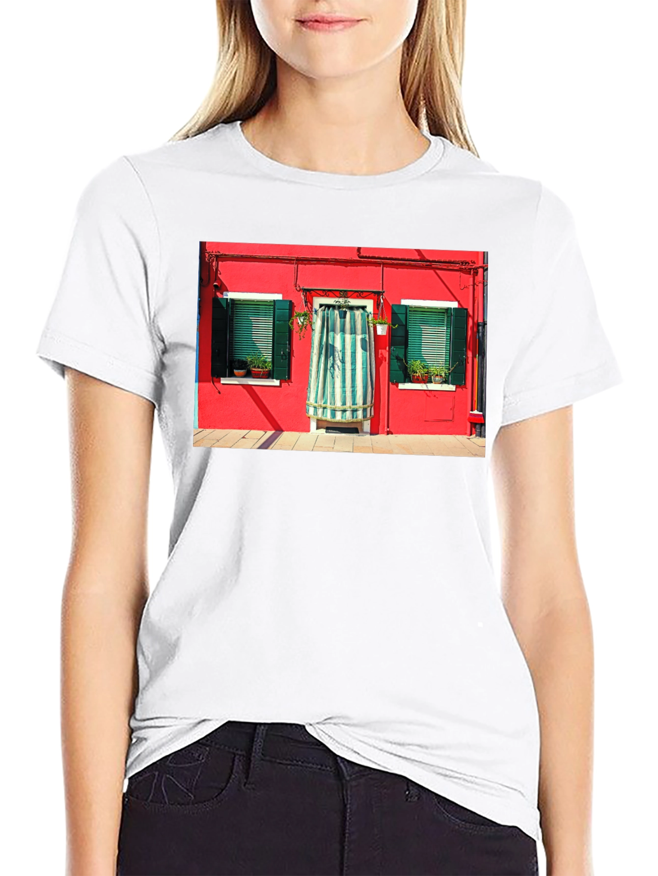 Burano Italy House T-Shirt Black Crew Neck