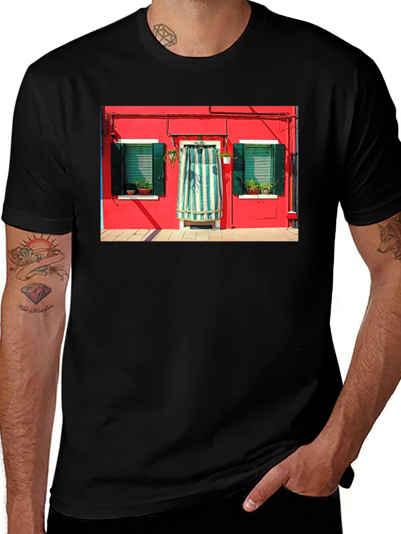 Burano Italy House T-Shirt Black Crew Neck