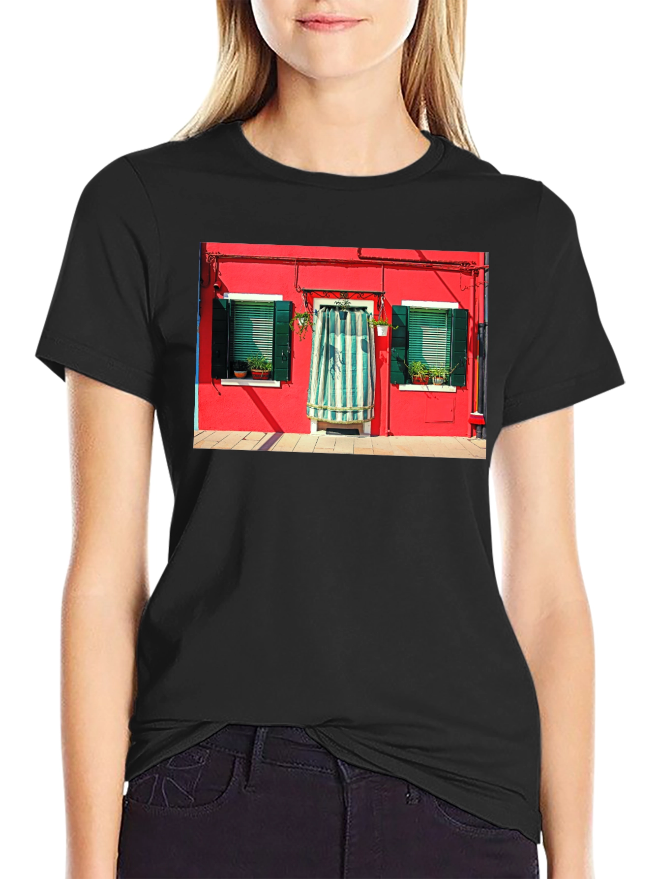 Burano Italy House T-Shirt Black Crew Neck