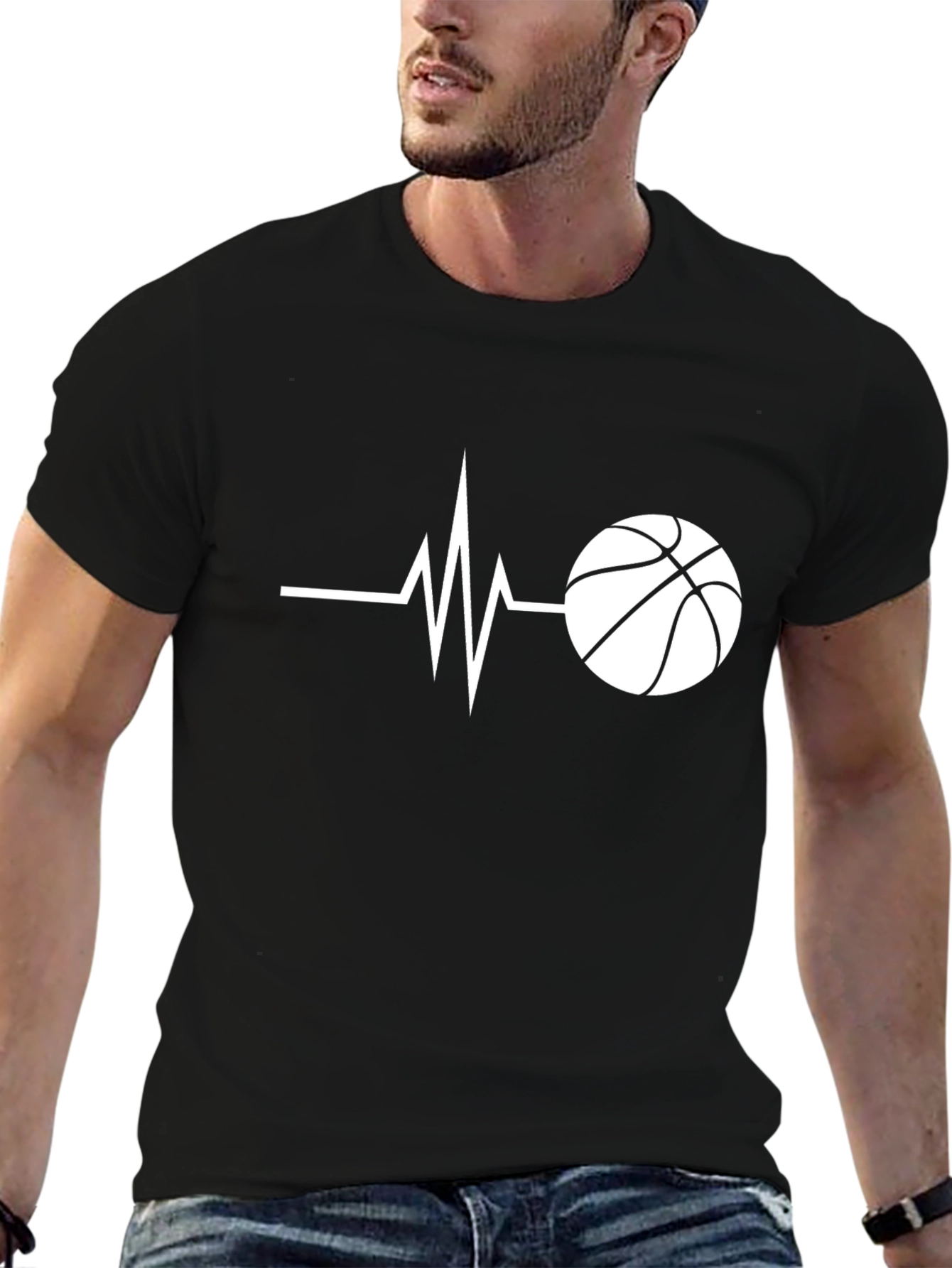 Basketball Heartbeat Graphic T-Shirt - Black