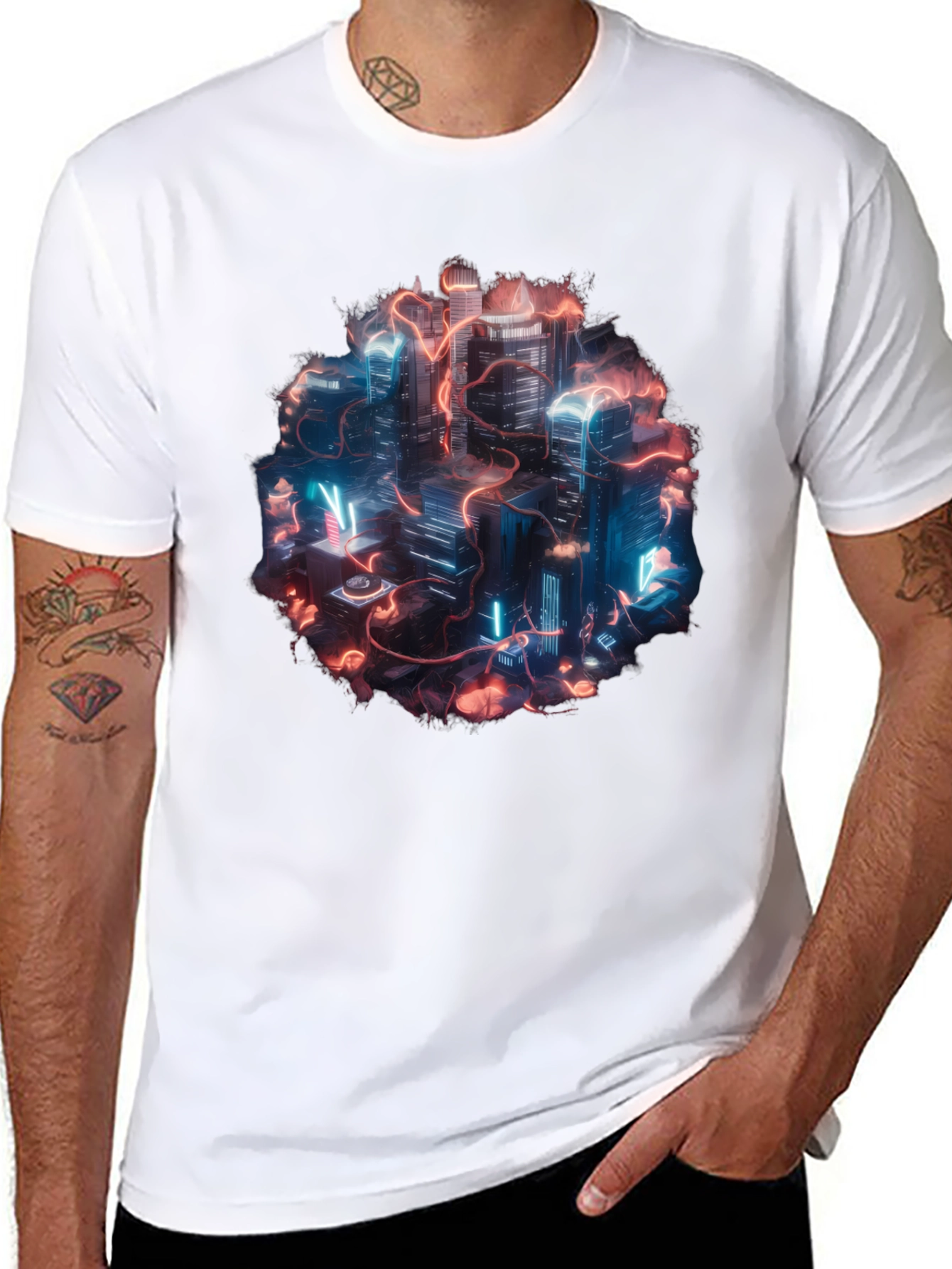 Neon Cityscape Graphic Tee - Black