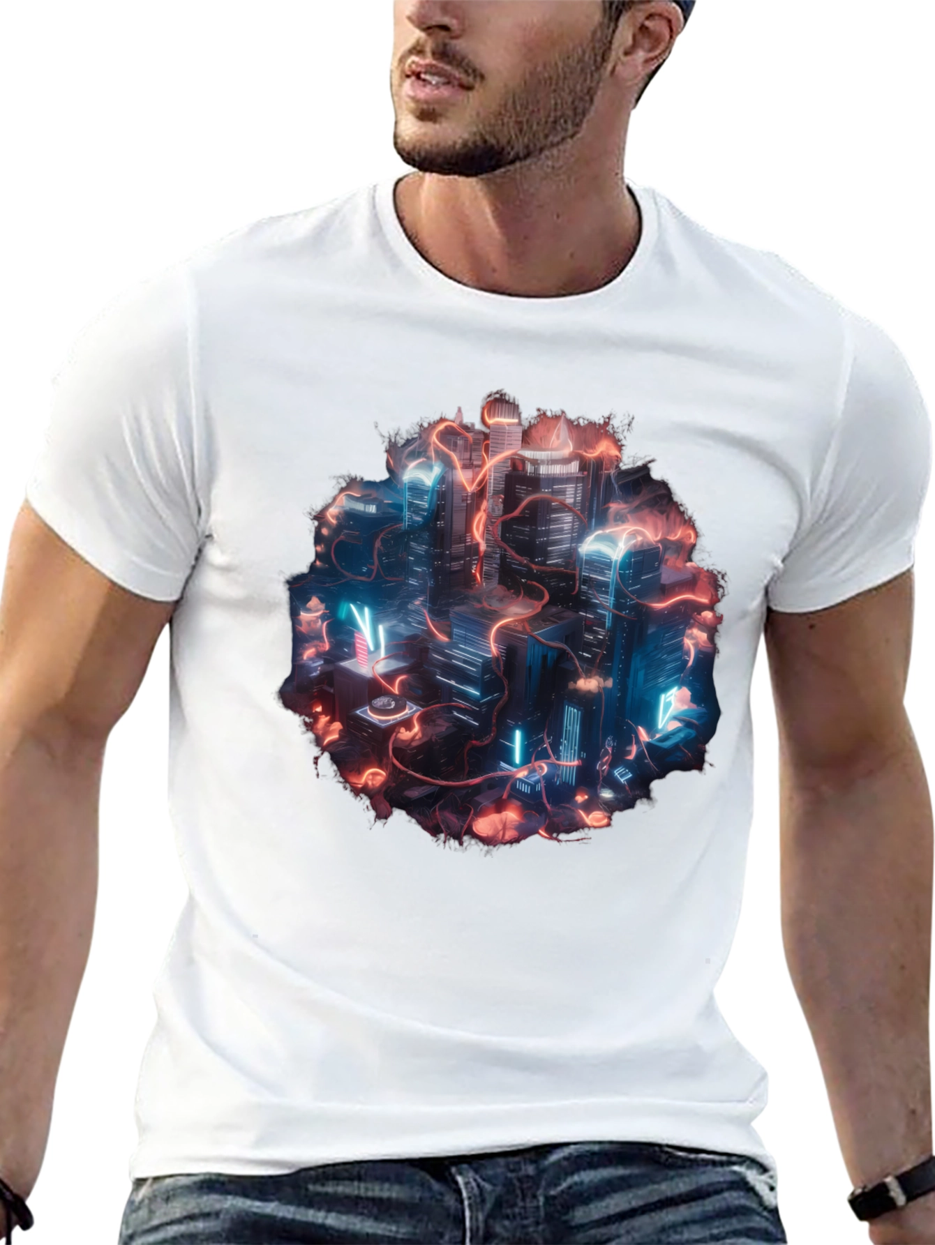 Neon Cityscape Graphic Tee - Black