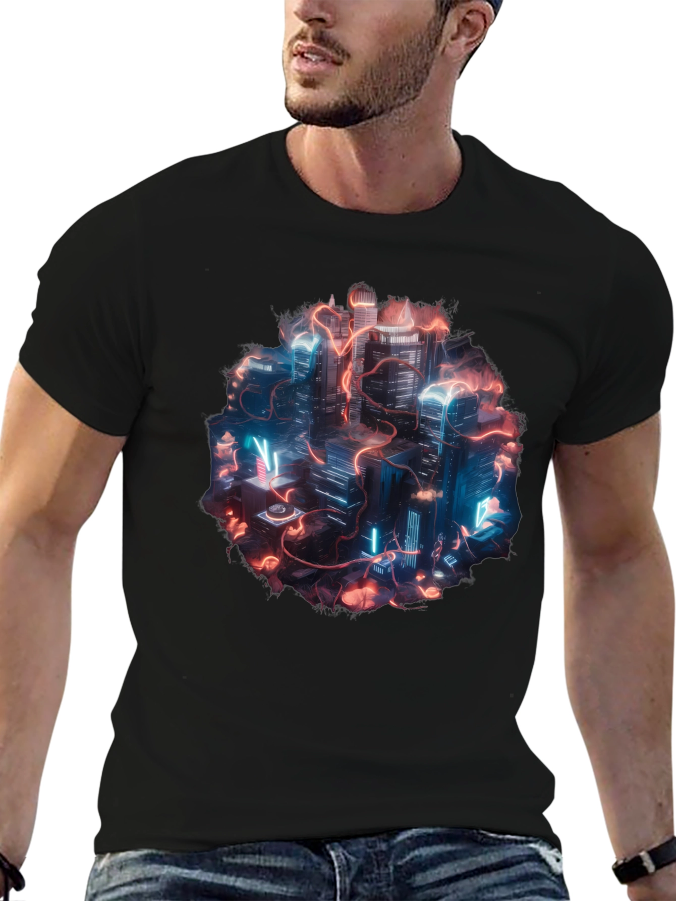 Neon Cityscape Graphic Tee - Black