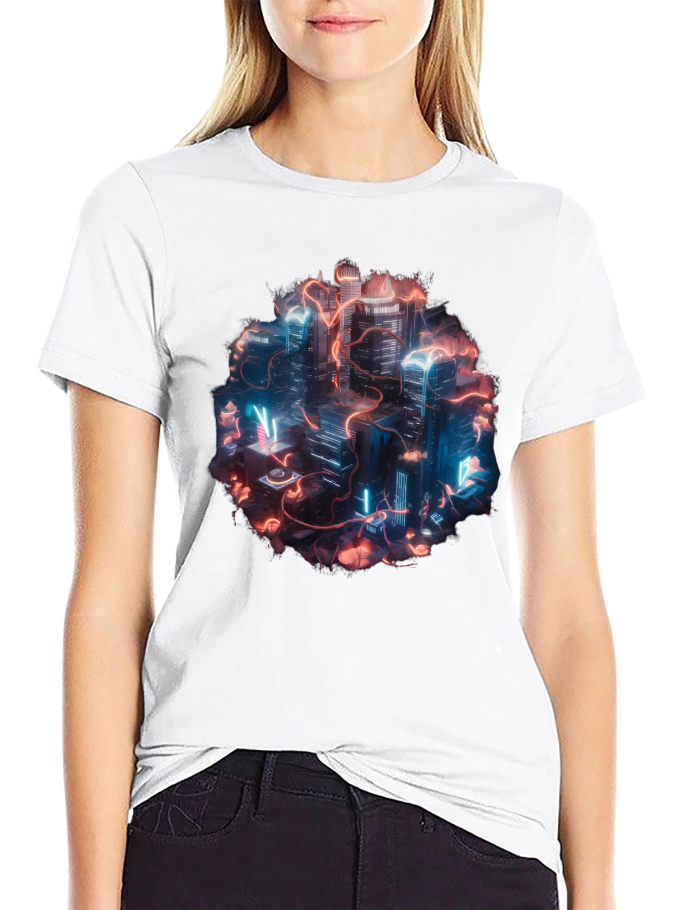 Neon Cityscape Graphic Tee - Black