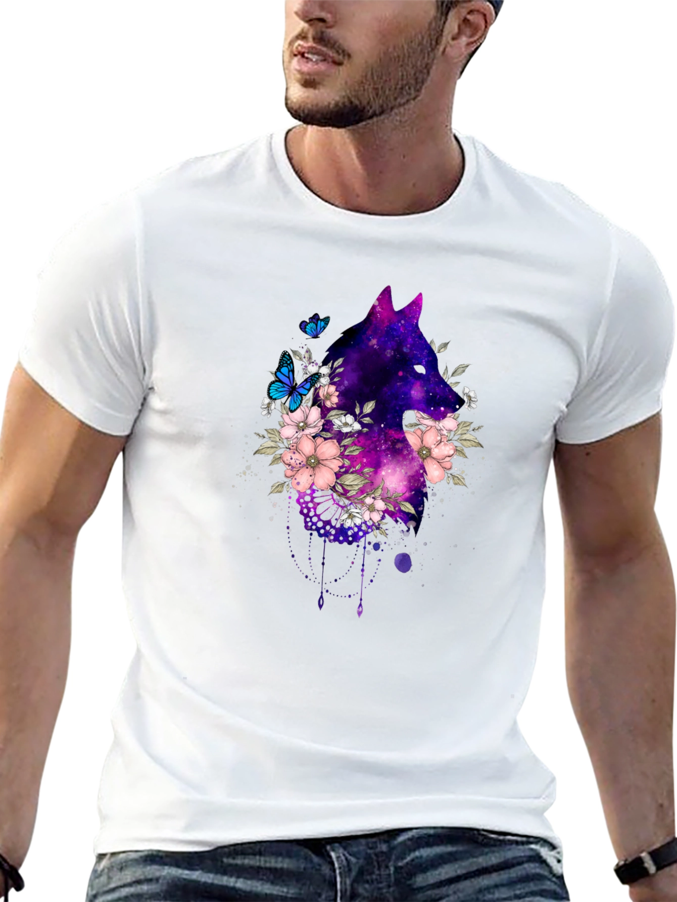 Galaxy Wolf Floral T-Shirt - Black