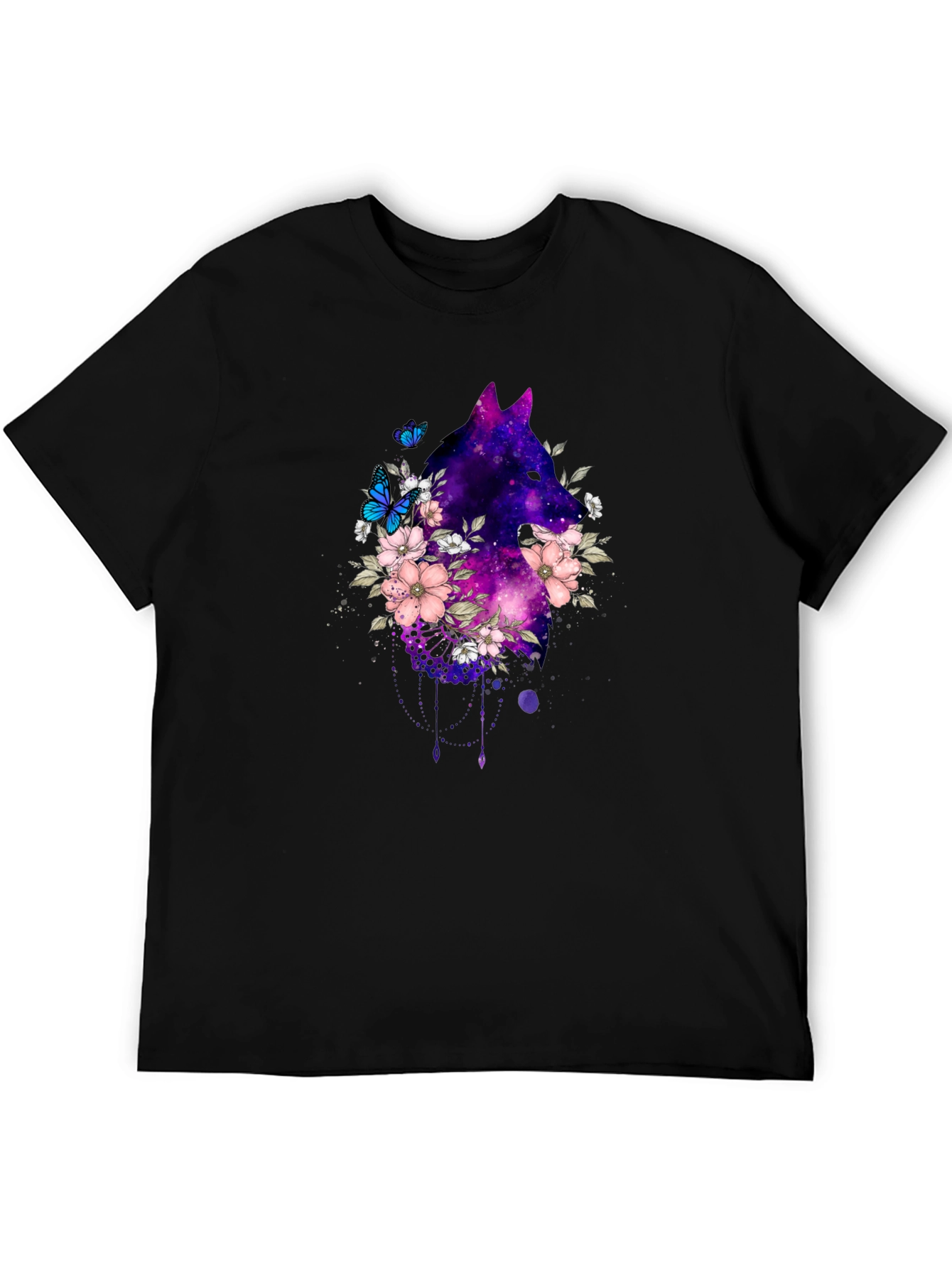 Galaxy Wolf Floral T-Shirt - Black