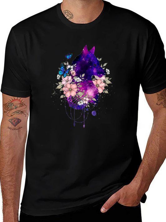Galaxy Wolf Floral T-Shirt - Black