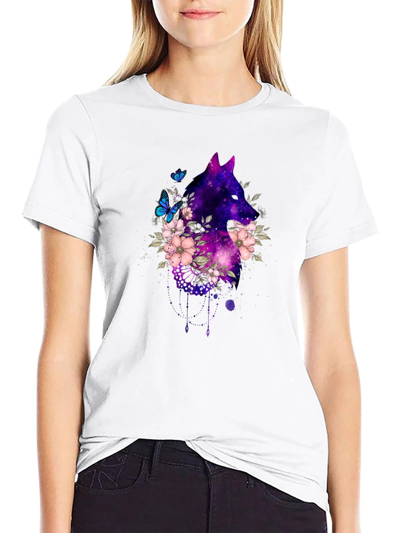 Galaxy Wolf Floral T-Shirt - Black