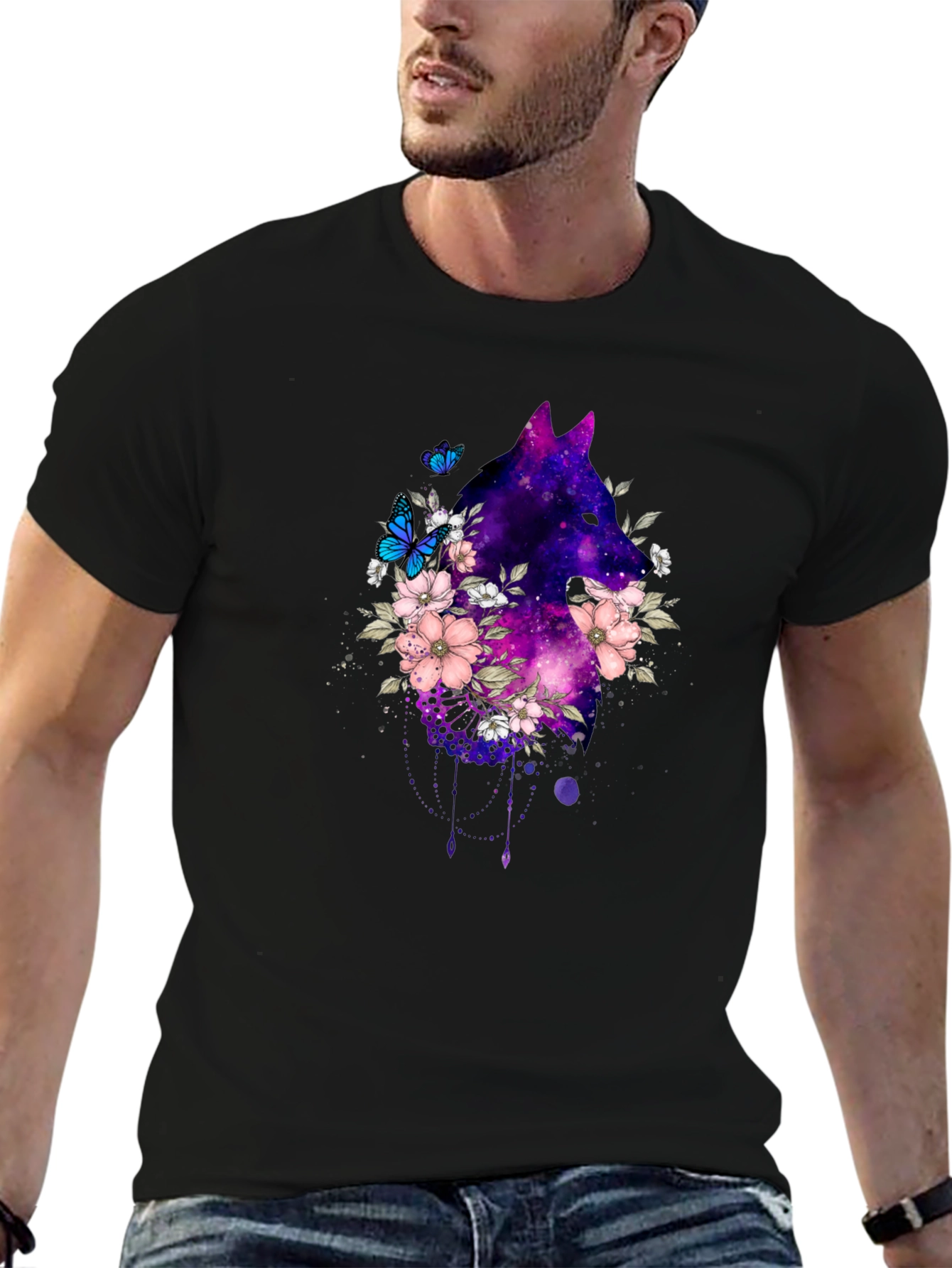 Galaxy Wolf Floral T-Shirt - Black