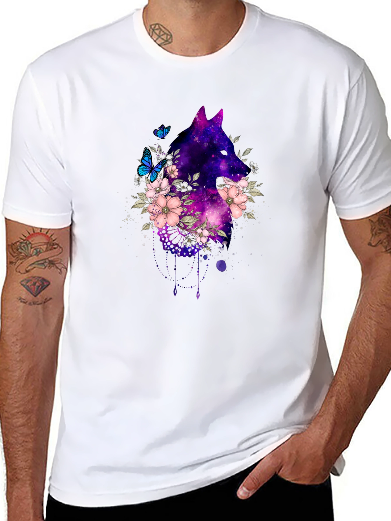 Galaxy Wolf Floral T-Shirt - Black