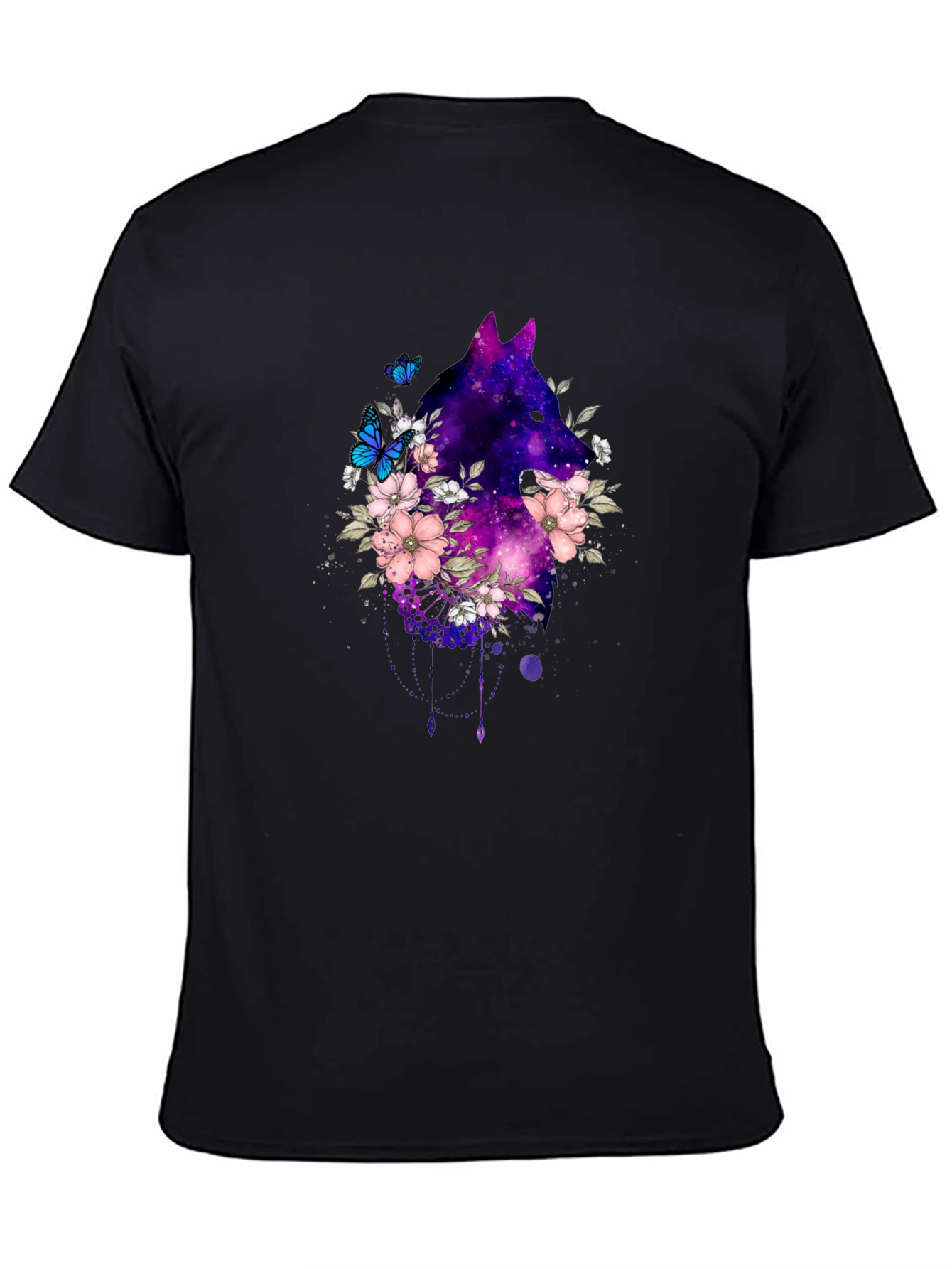 Galaxy Wolf Floral T-Shirt - Black