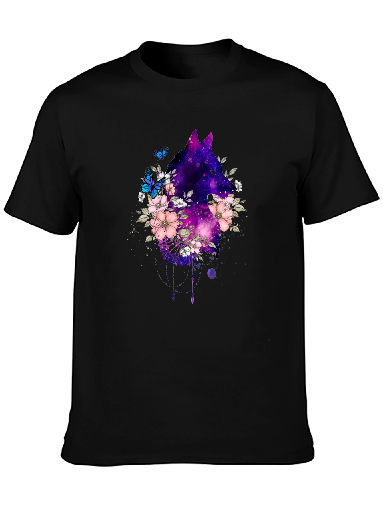 Galaxy Wolf Floral T-Shirt - Black