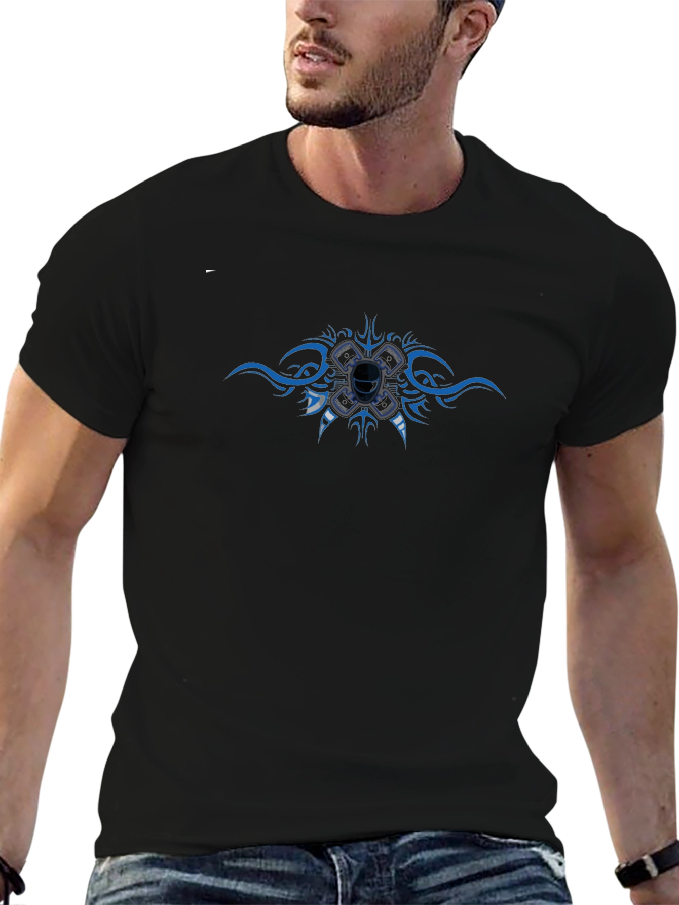 Black T-Shirt with Tattoo Style Engine Design