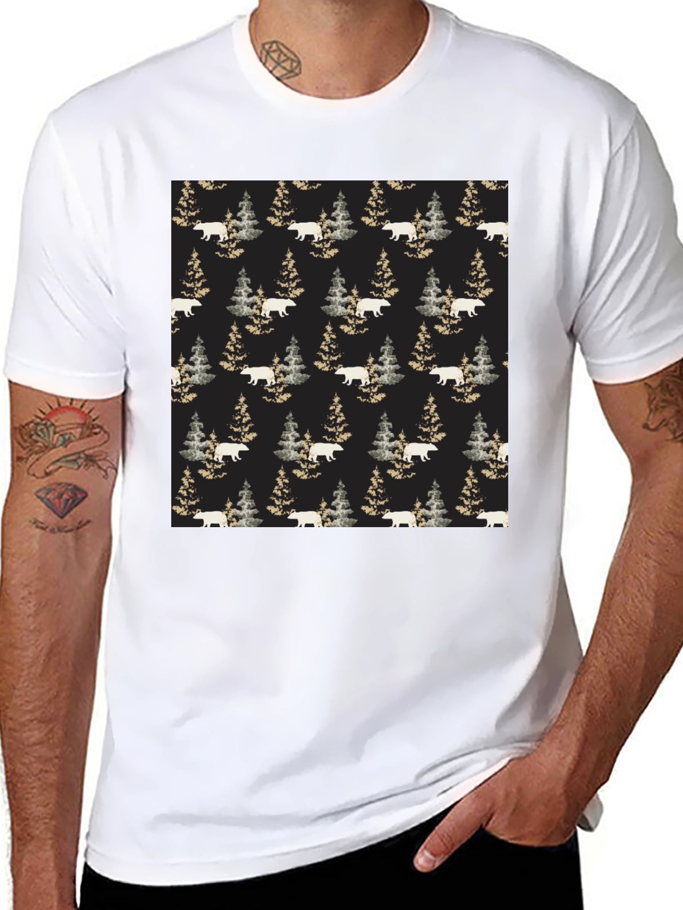 Bear & Pine Tree Pattern T-Shirt