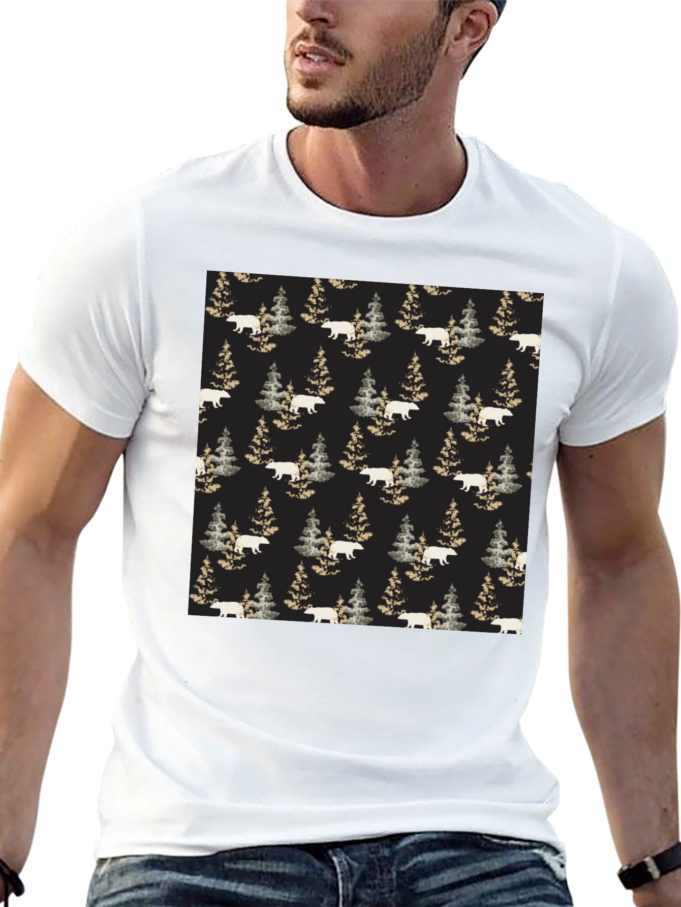 Bear & Pine Tree Pattern T-Shirt