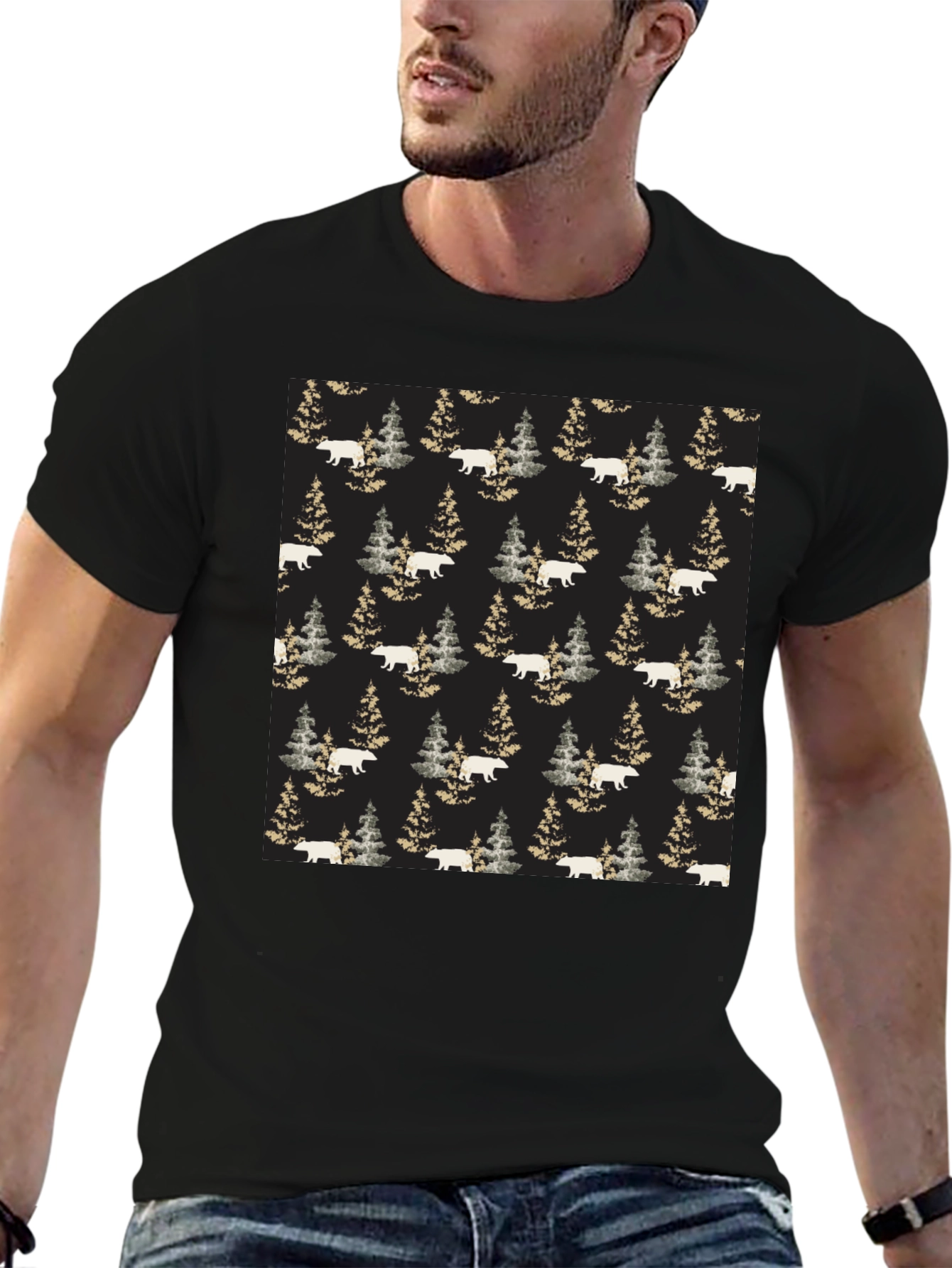 Bear & Pine Tree Pattern T-Shirt