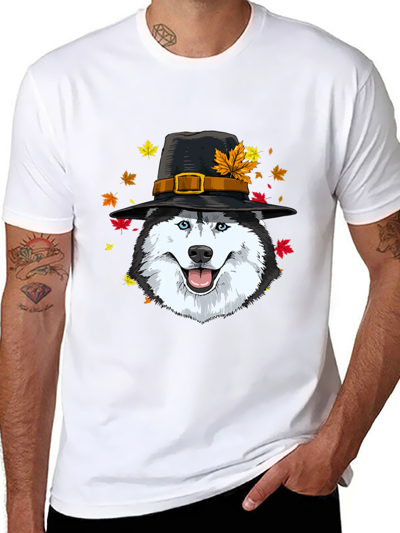 Thanksgiving Husky Pilgrim Hat T-Shirt