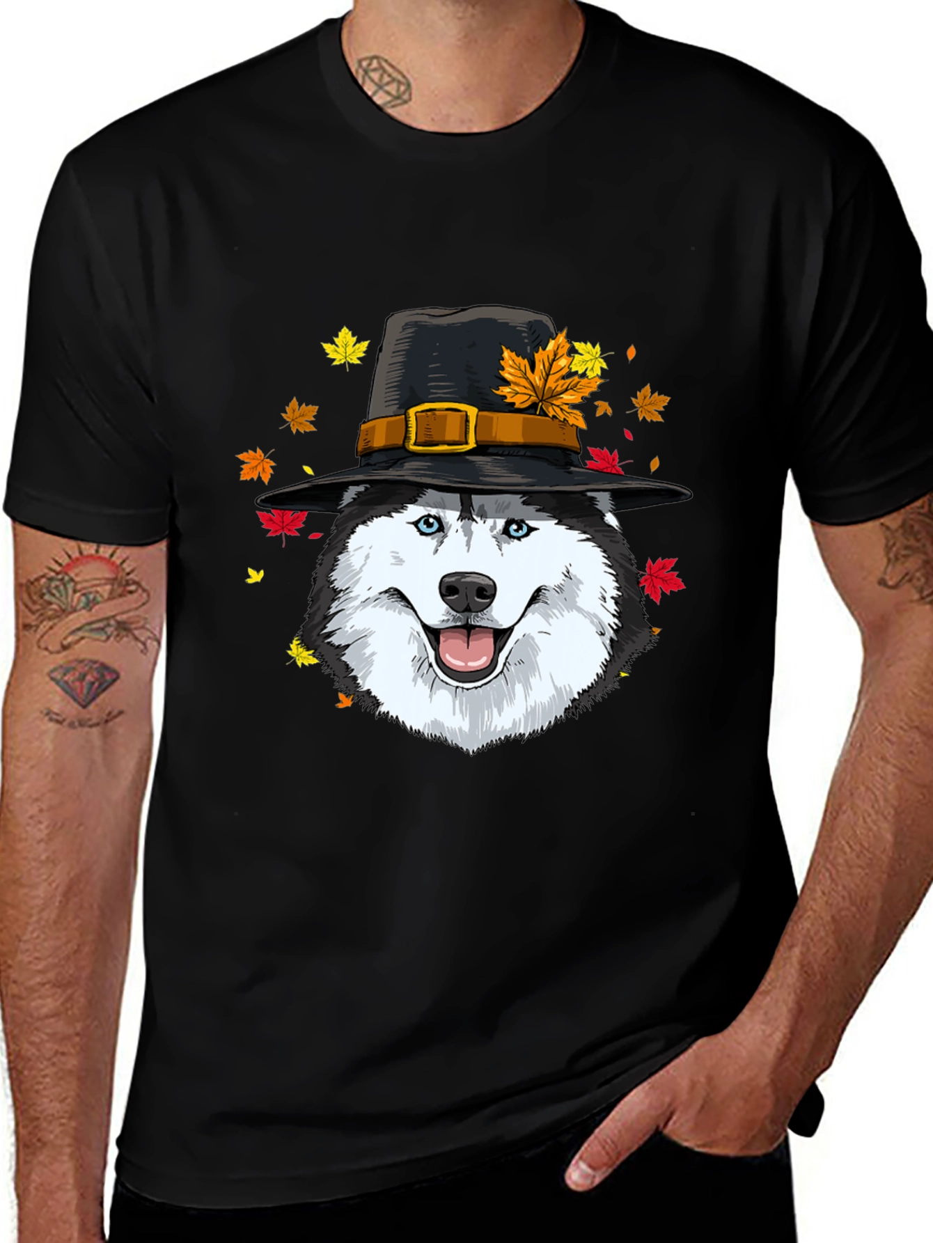 Thanksgiving Husky Pilgrim Hat T-Shirt