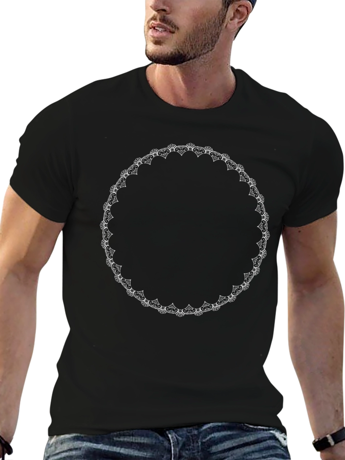 Black T-Shirt with White Heart Circle Design