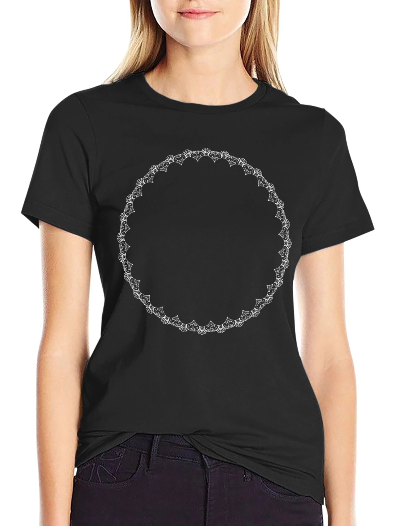 Black T-Shirt with White Heart Circle Design
