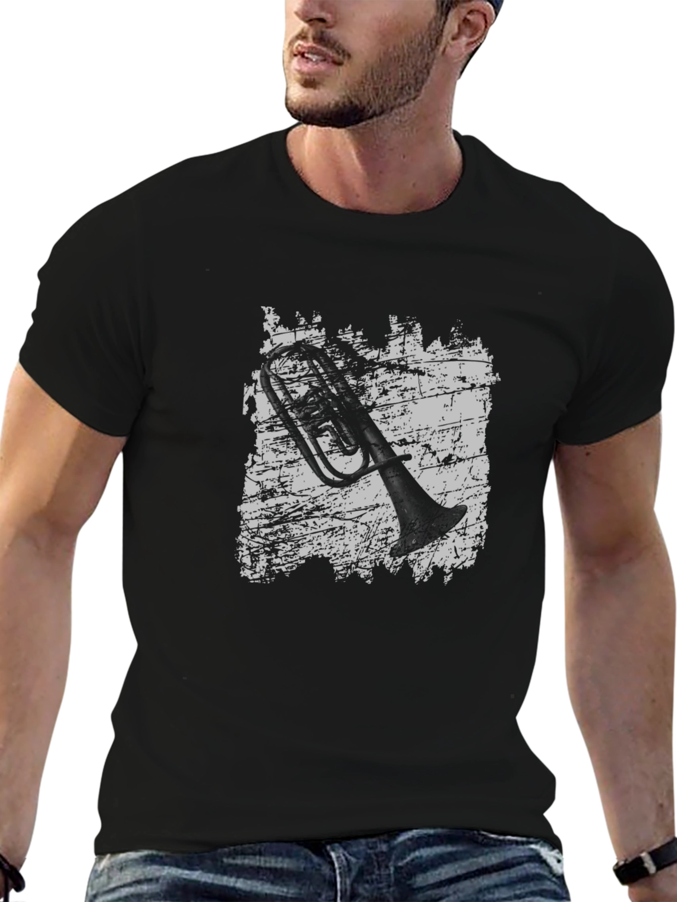 Grunge Trombone Graphic Tee - Black