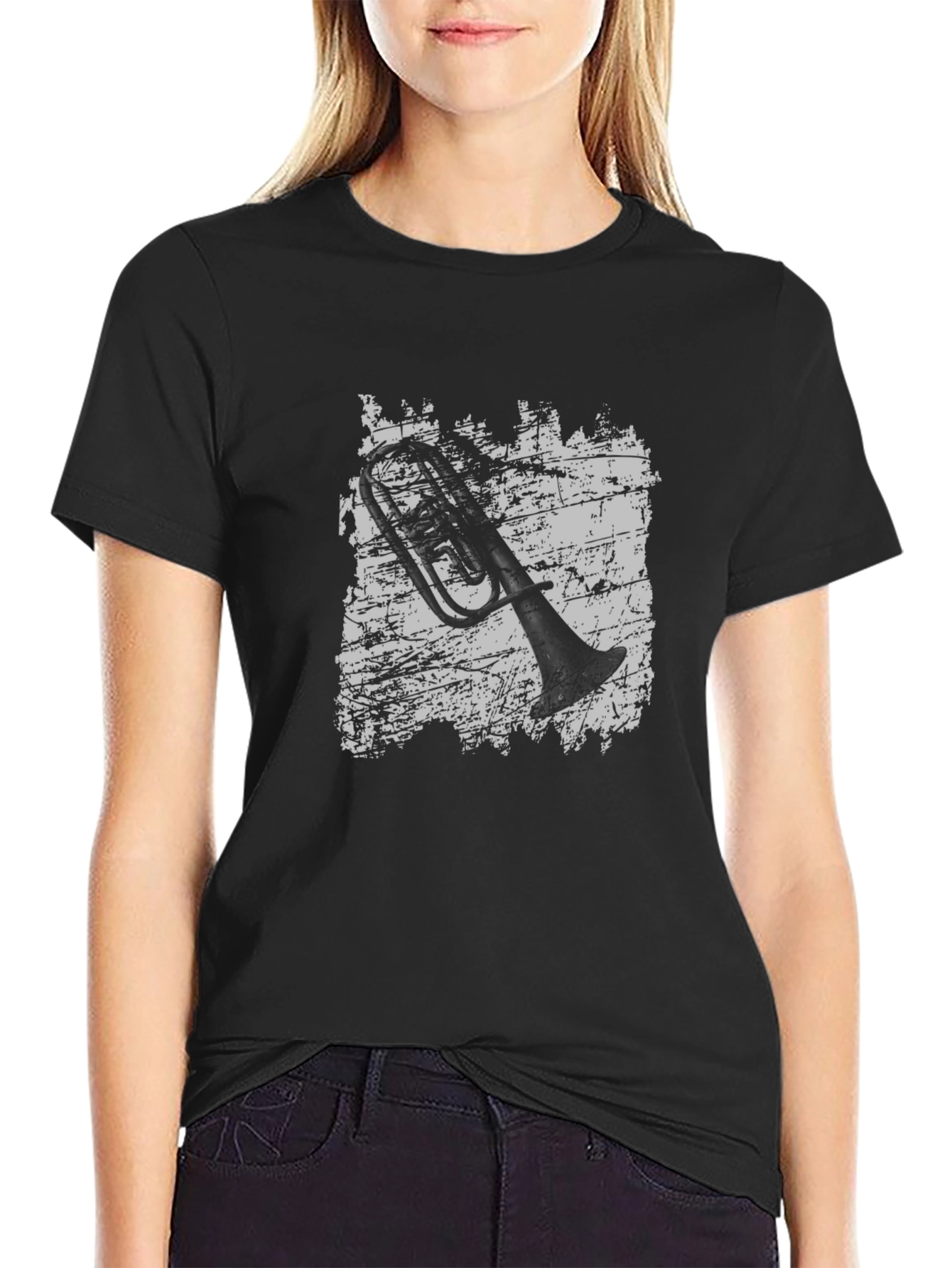 Grunge Trombone Graphic Tee - Black