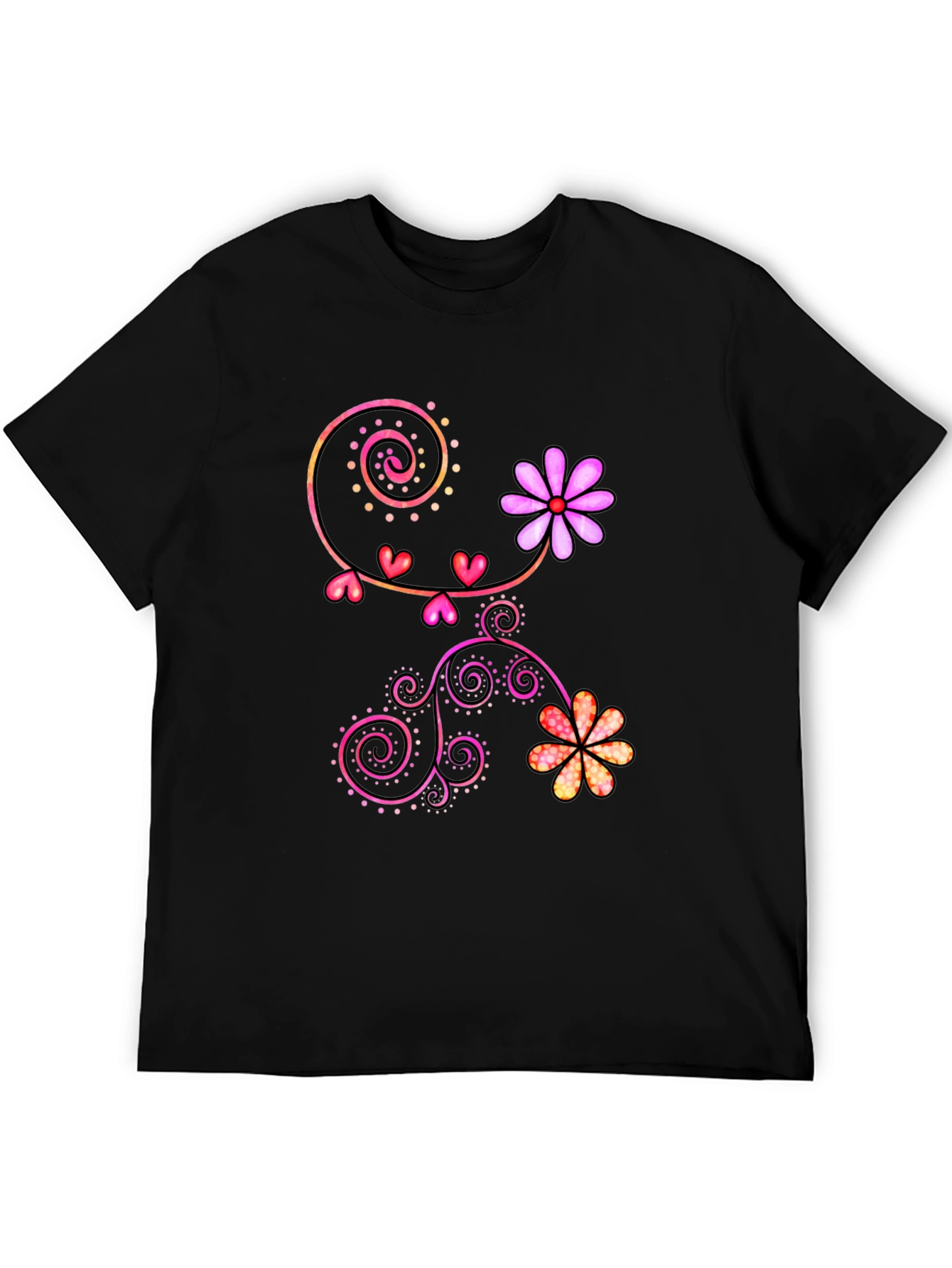 Floral Heart Swirl Graphic Black T-Shirt