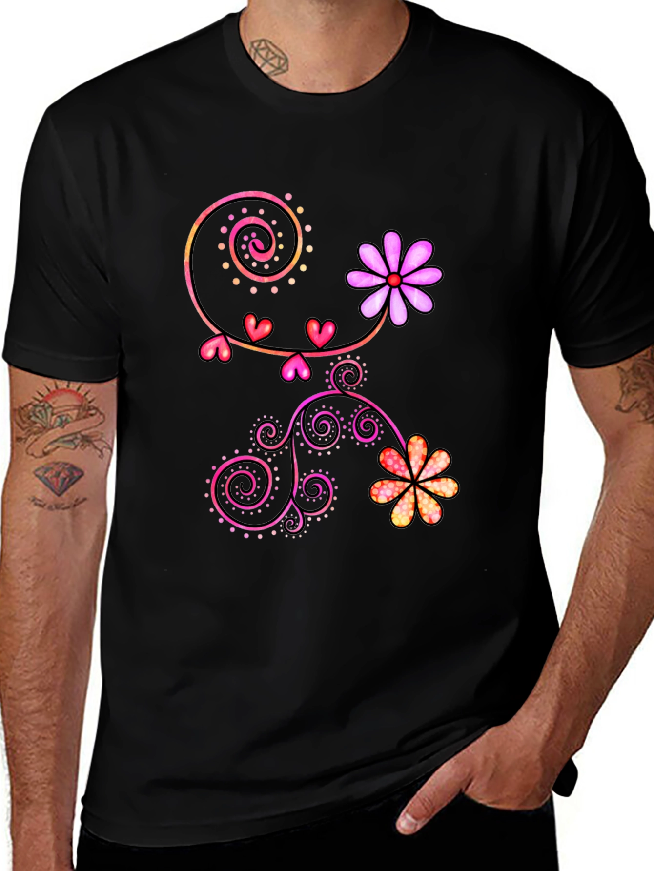Floral Heart Swirl Graphic Black T-Shirt