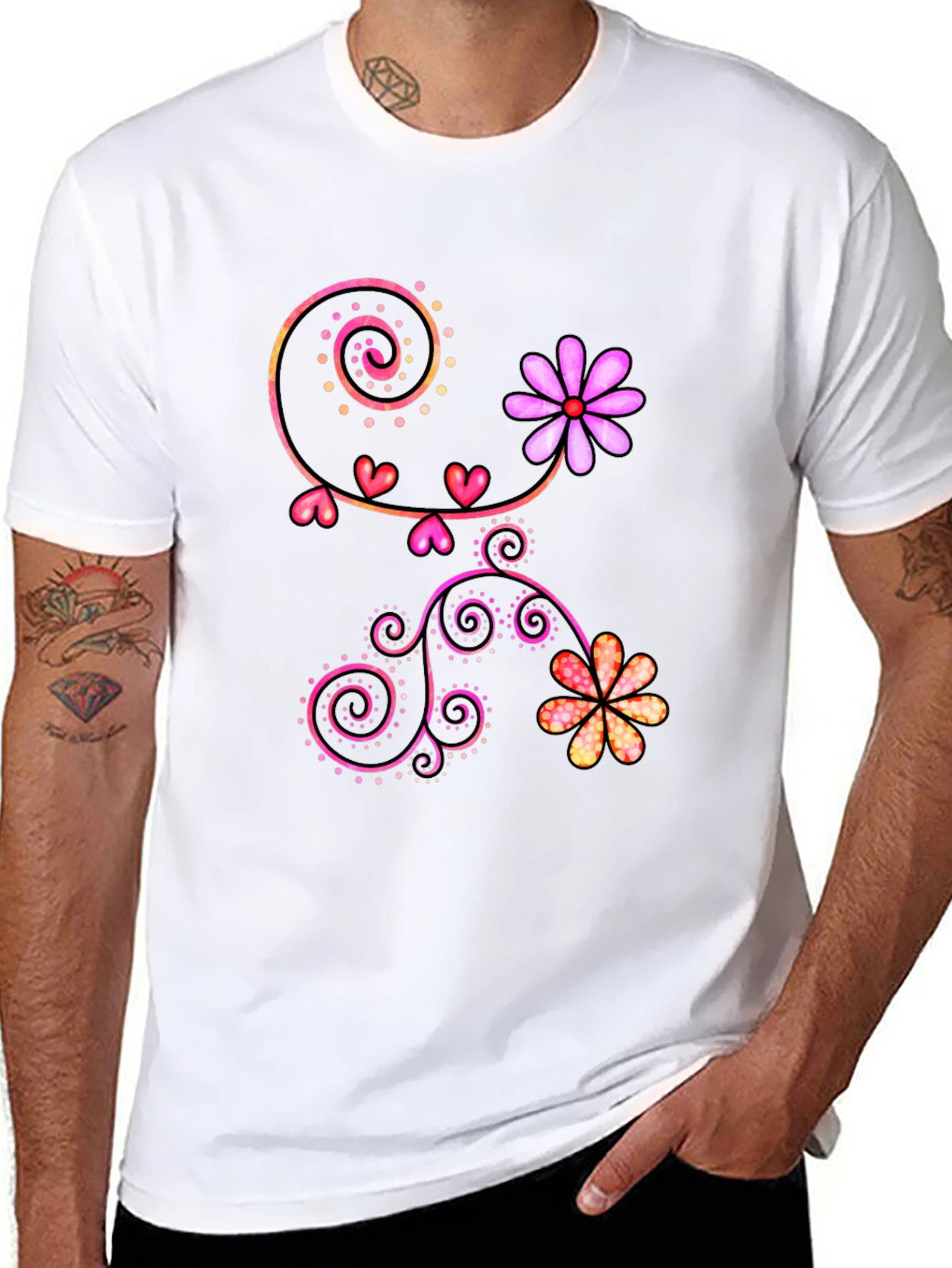 Floral Heart Swirl Graphic Black T-Shirt