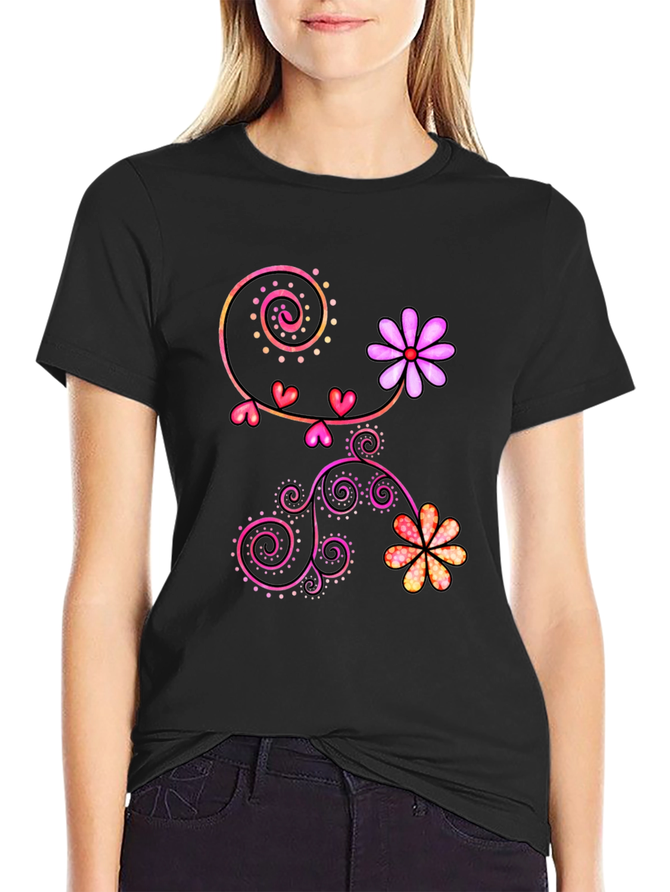 Floral Heart Swirl Graphic Black T-Shirt