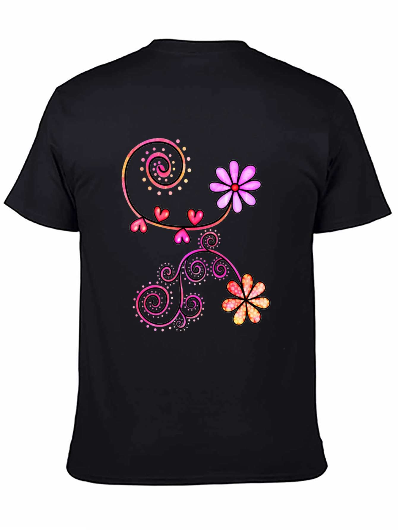 Floral Heart Swirl Graphic Black T-Shirt