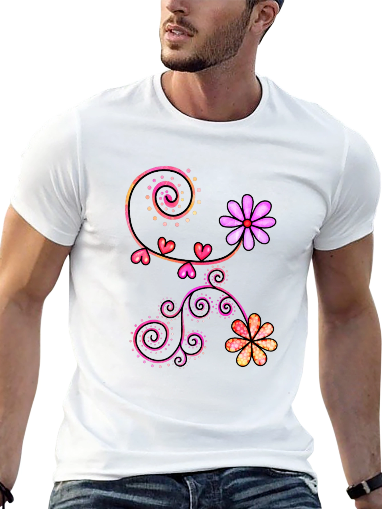 Floral Heart Swirl Graphic Black T-Shirt