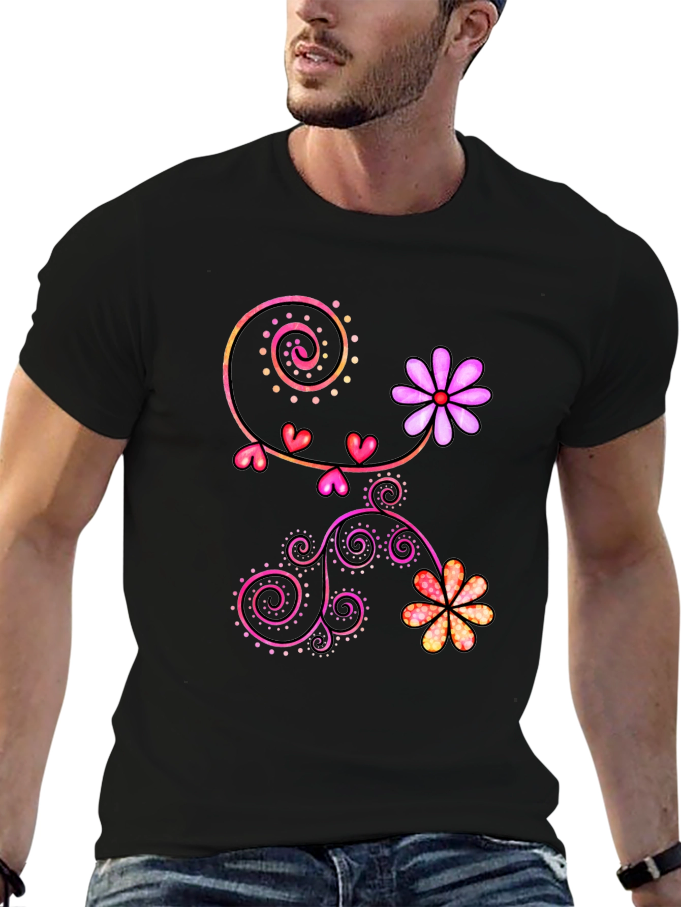 Floral Heart Swirl Graphic Black T-Shirt
