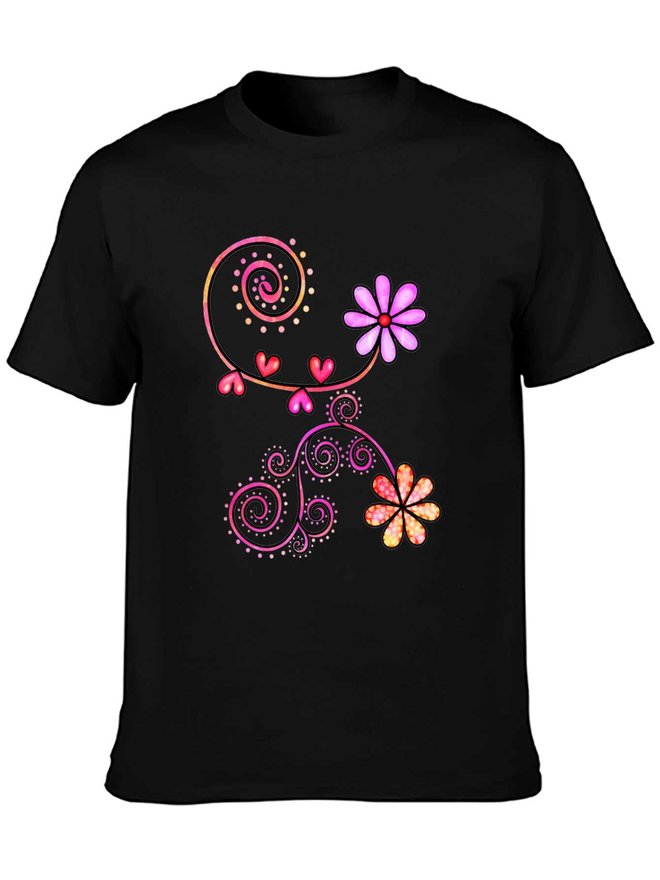 Floral Heart Swirl Graphic Black T-Shirt