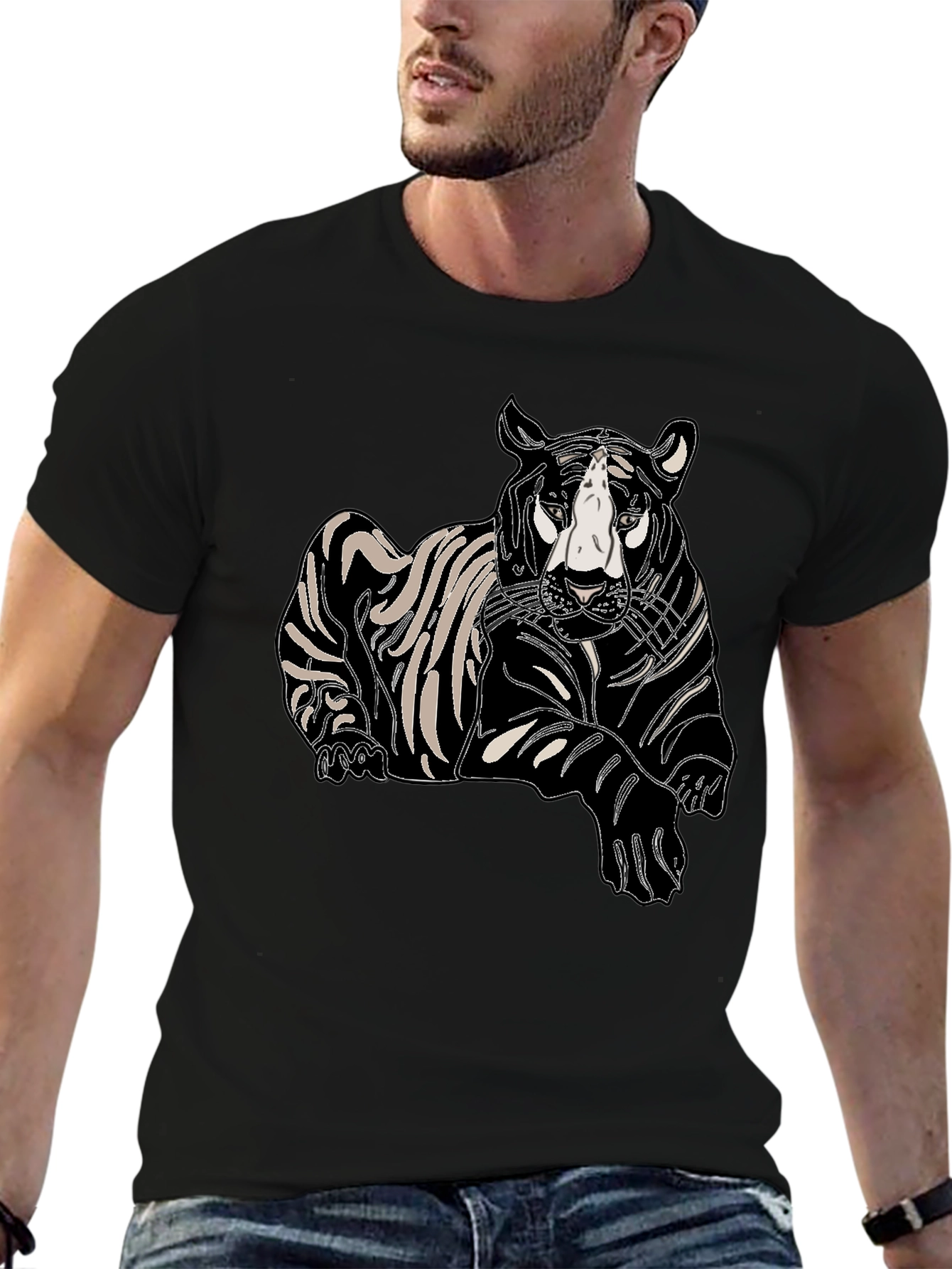 Mens Black T-Shirt with Tiger Print
