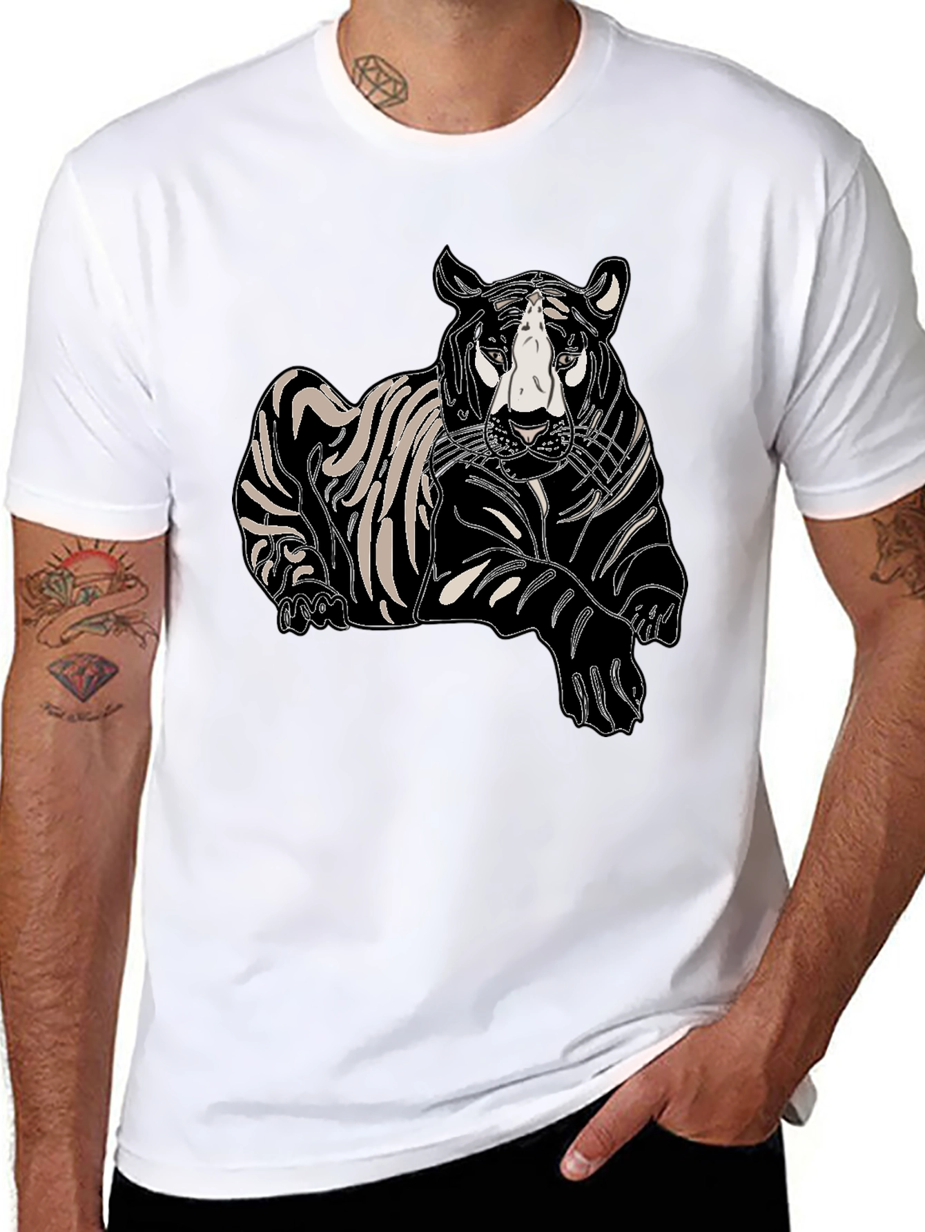 Mens Black T-Shirt with Tiger Print