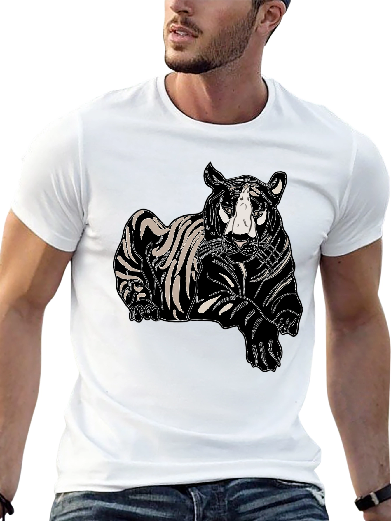 Mens Black T-Shirt with Tiger Print
