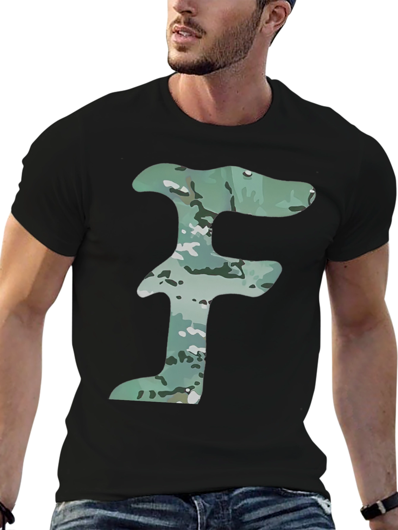 Camo Letter F Graphic Tee - Mens Black T-Shirt
