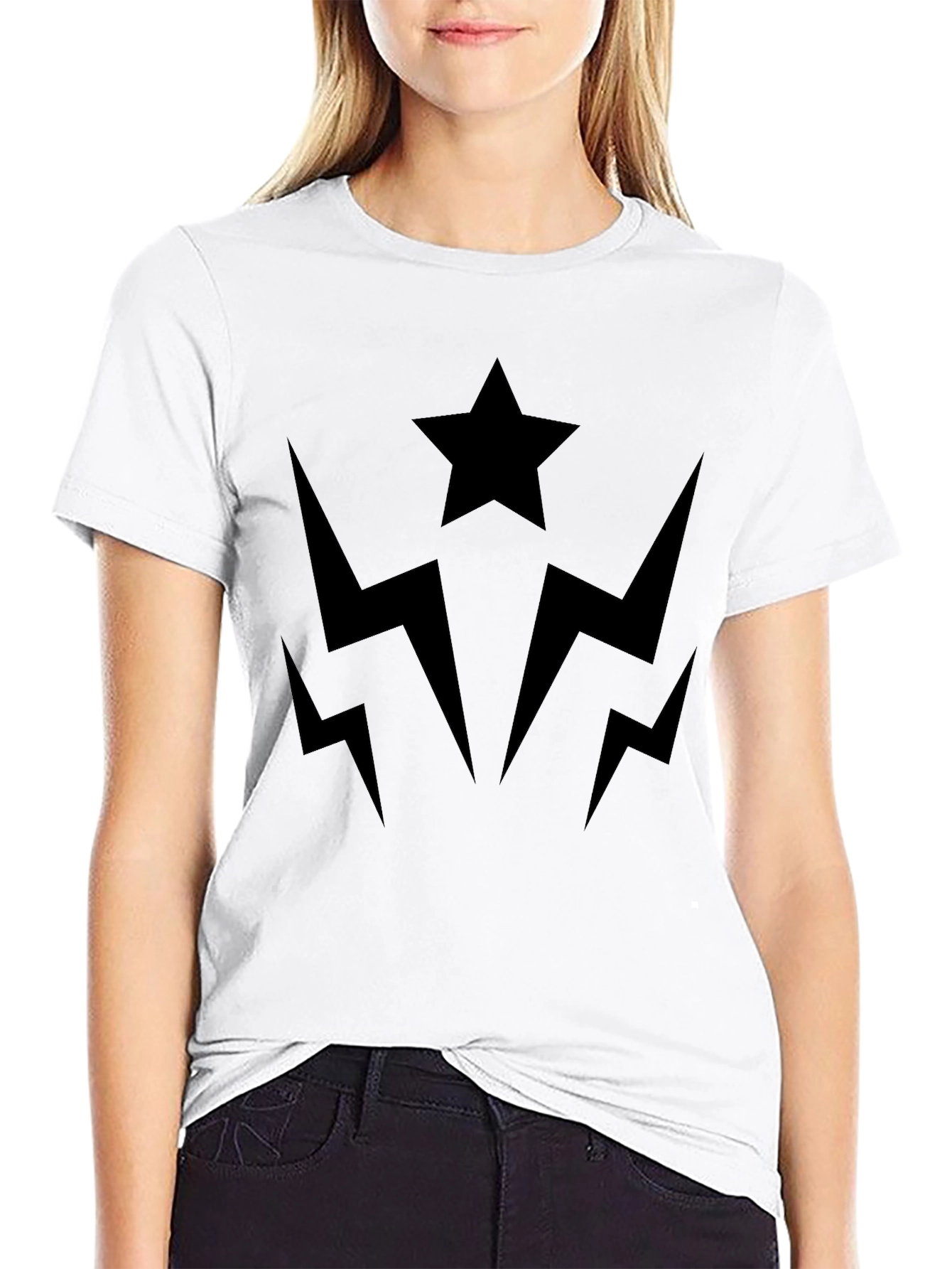 Bold Black Graphic Tee - Star & Lightning Bolts