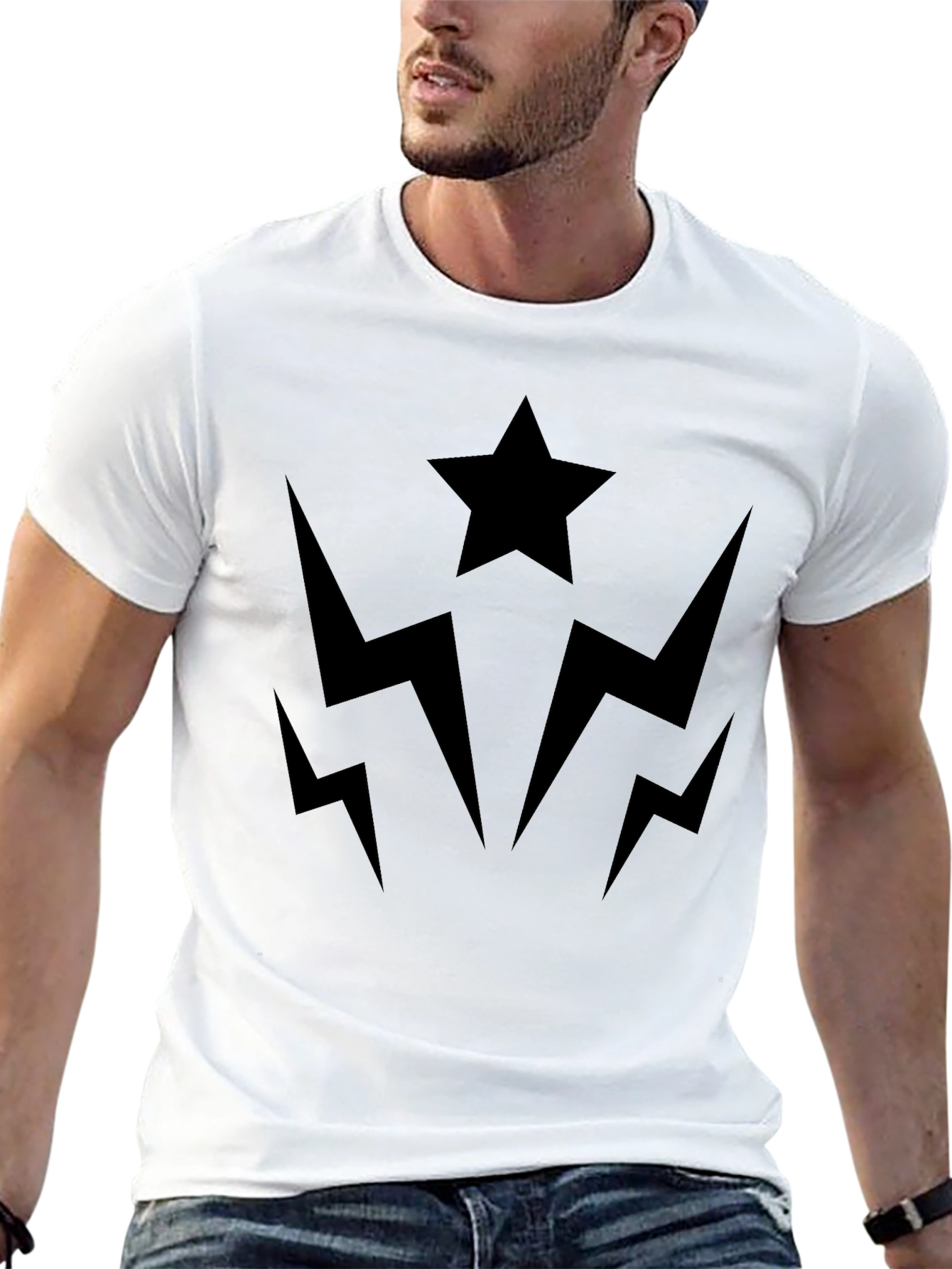 Bold Black Graphic Tee - Star & Lightning Bolts